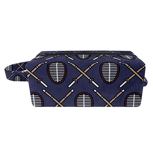 Japanese Kendo Style Navy Blue Travel Makeup Bag - Waterproof Cosmetic Organizer Pouch with Zipper & Handle for Women | Perfect for Gym, Travel, and Daily Beauty Essentials Storage
