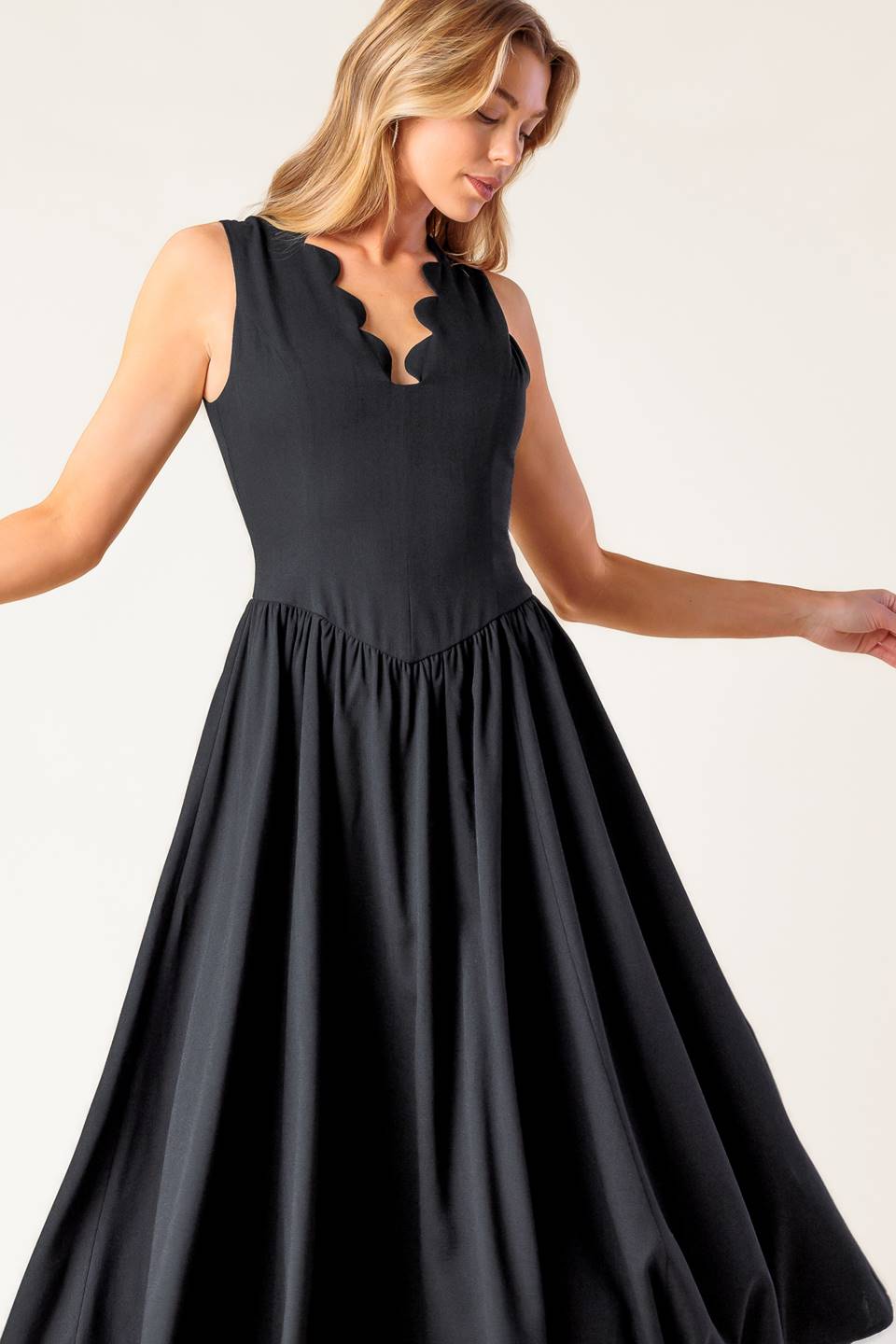 FOR THE RECORD SCALLOP V-NECK MIDI DRESS in Black - Elegant Party & Cocktail Attire for Women