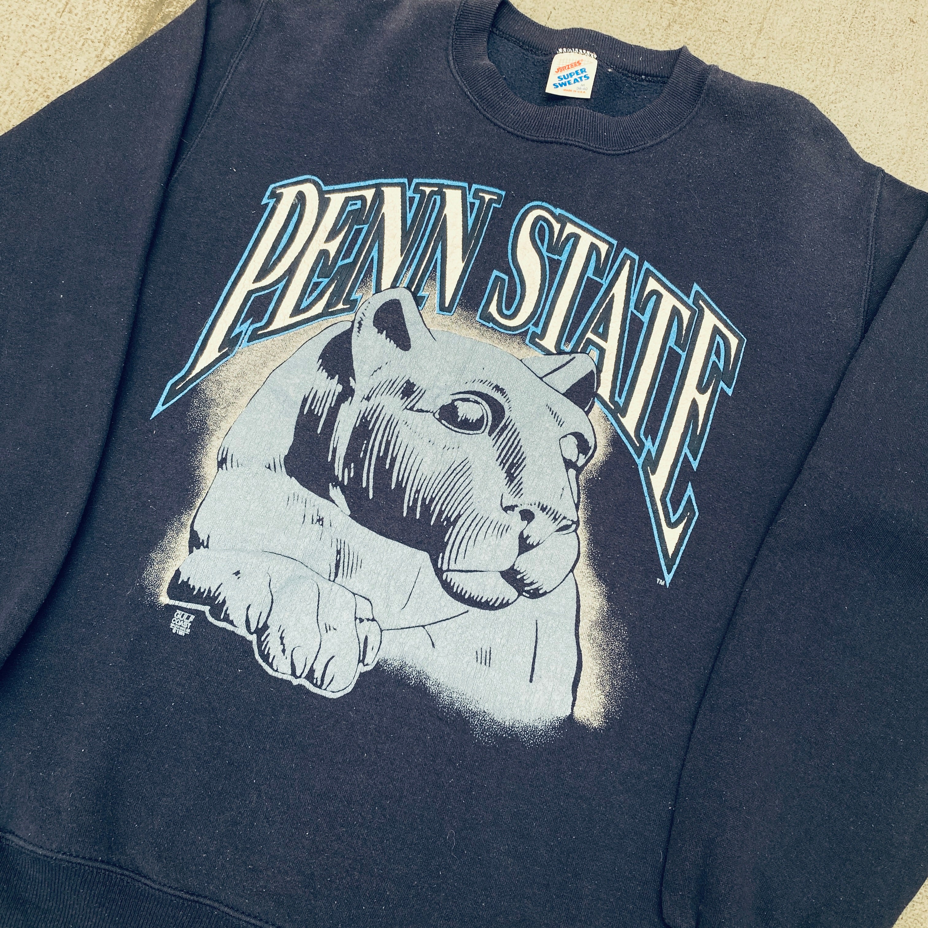 Vintage 1980s Penn State Nittany Lions Graphic Spellout Sweatshirt for Men - Retro College Football Fan Apparel for Game Day & Casual Wear