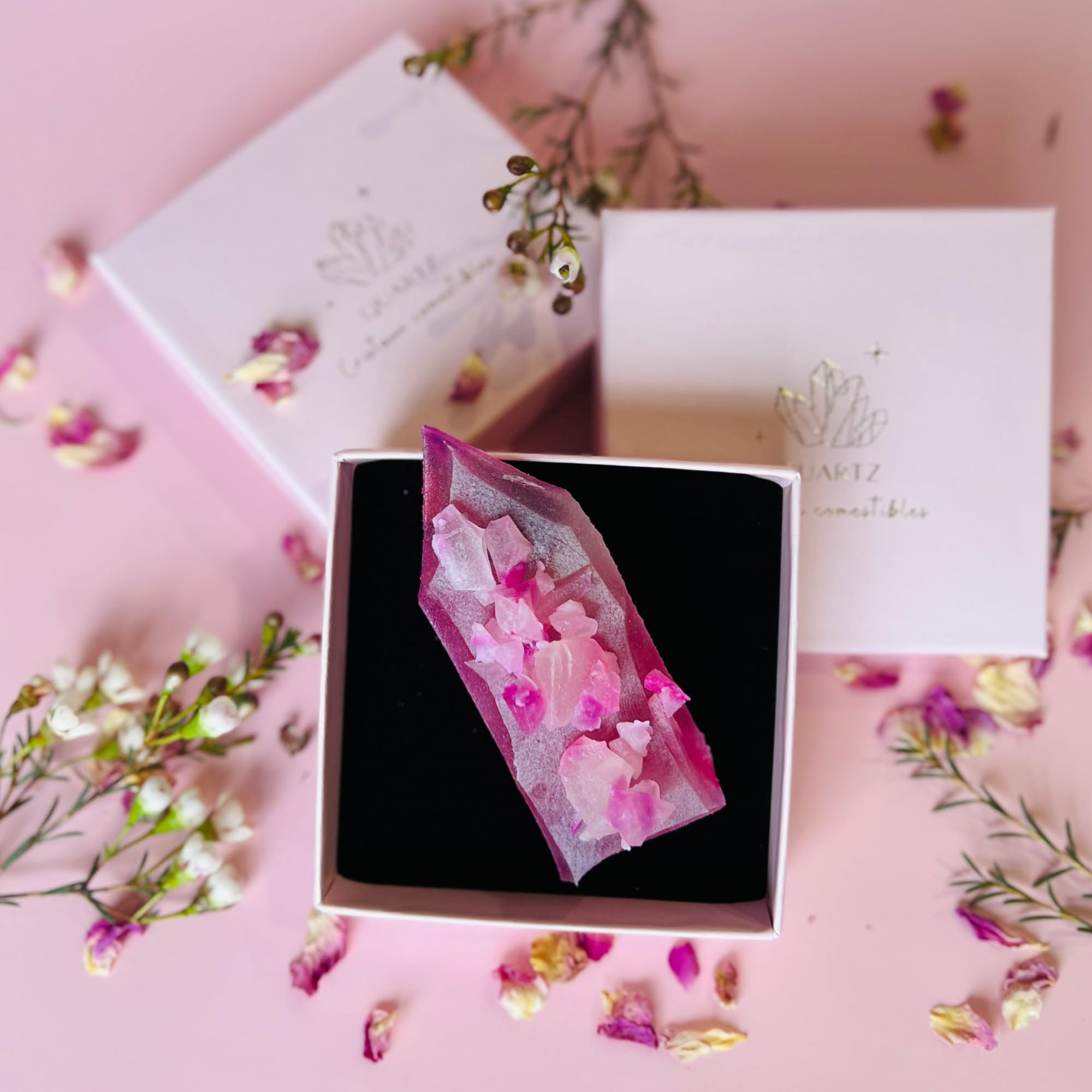 Vegan & Gluten Free Edible Crystals Gift Set with Natural Fruit Puree - Raspberry, Rose, Orange Blossom, Passion Fruit Flavors - Perfect for Meditation, Yoga & Wellness Gifts | Quartz Boutique