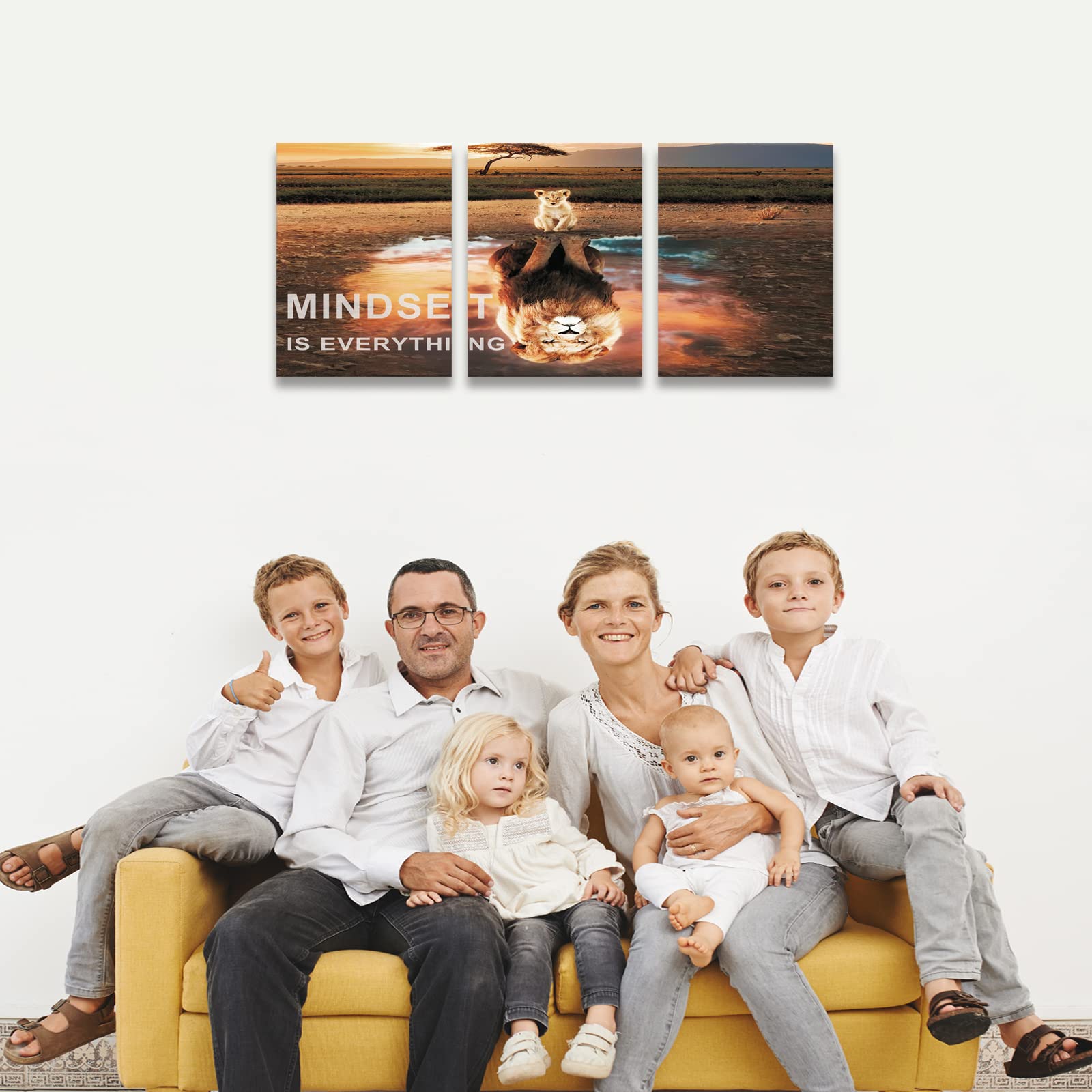 Mindset Is Everything - Motivational Lion Canvas Wall Art Set of 3, Inspirational Quote Paintings for Office & Bedroom Decor - Perfect for Home, Office & Gift Giving