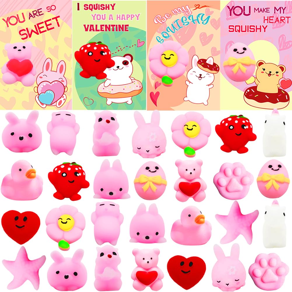 DINESIL 28 Pack Valentine's Day Kawaii Mochi Squishy Toys with Greeting Cards - Mini Animal Stress Relief Toys for Kids, Valentine Exchange Gifts & Party Favors - Perfect for Classroom Rewards, Birthday Goodie Bags & Sensory Play