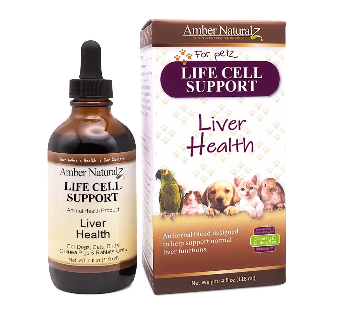Amber NaturalZ Life Cell Support Herbal Supplement for Dogs, Cats, Birds, Guinea Pigs & Rabbits | Liver Health Support | 4oz Glass Bottle | Made in USA | Supports Detox & Vitality for Small Pets