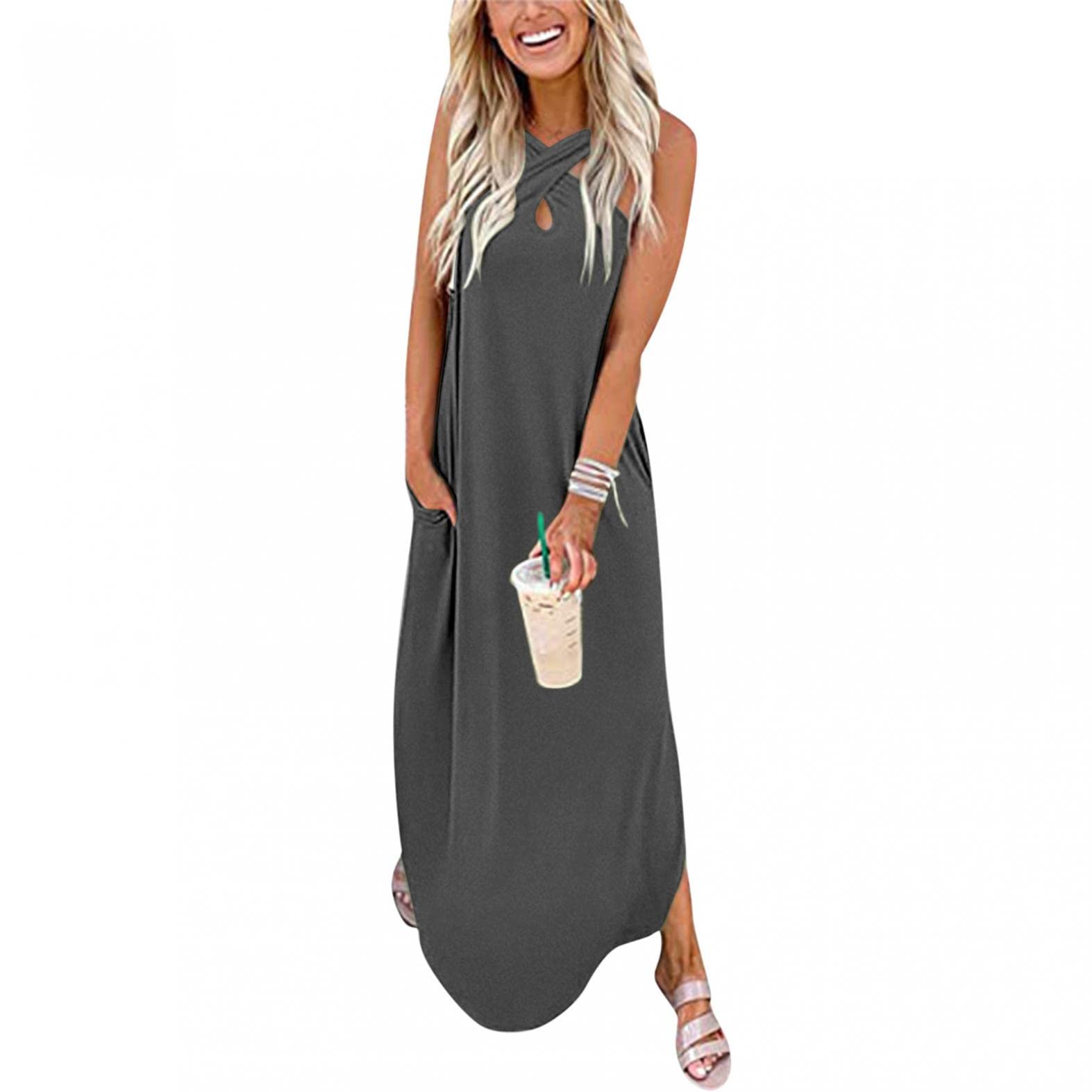 FABIURT Women's Summer Casual Loose Long Sleeveless Maxi Dress with Side Slit - Flowy Beach Sundress for Spring & Summer Vacations, Pool Parties, and Outdoor Date Nights