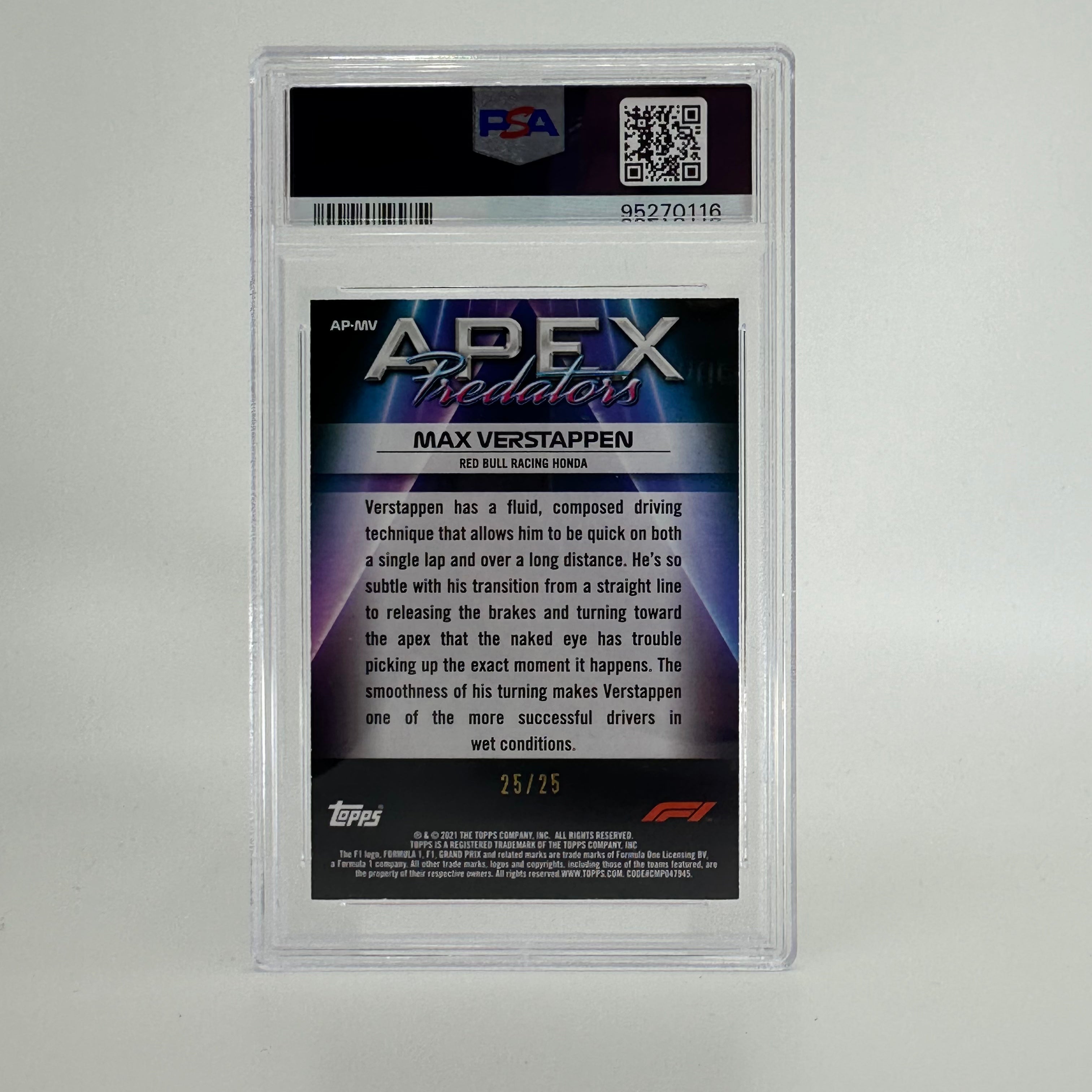 PSA 8 Graded 25/25 Orange Max Verstappen #APMV 2021 Formula 1 Apex Predators Trading Card - Perfect for F1 Collectors and Racing Memorabilia Enthusiasts