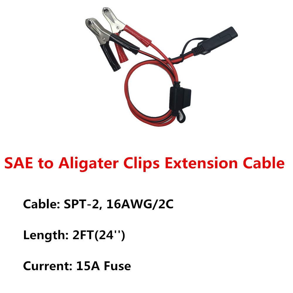 SAE to Alligator Clips 2FT Battery Charger Cable - 12V-24V Quick Disconnect Extension Cord with 15A Clamps for Car, Motorcycle, Solar Panel & Pump Charging - Perfect for Trickle Chargers, Battery Maintenance & Portable Power Applications