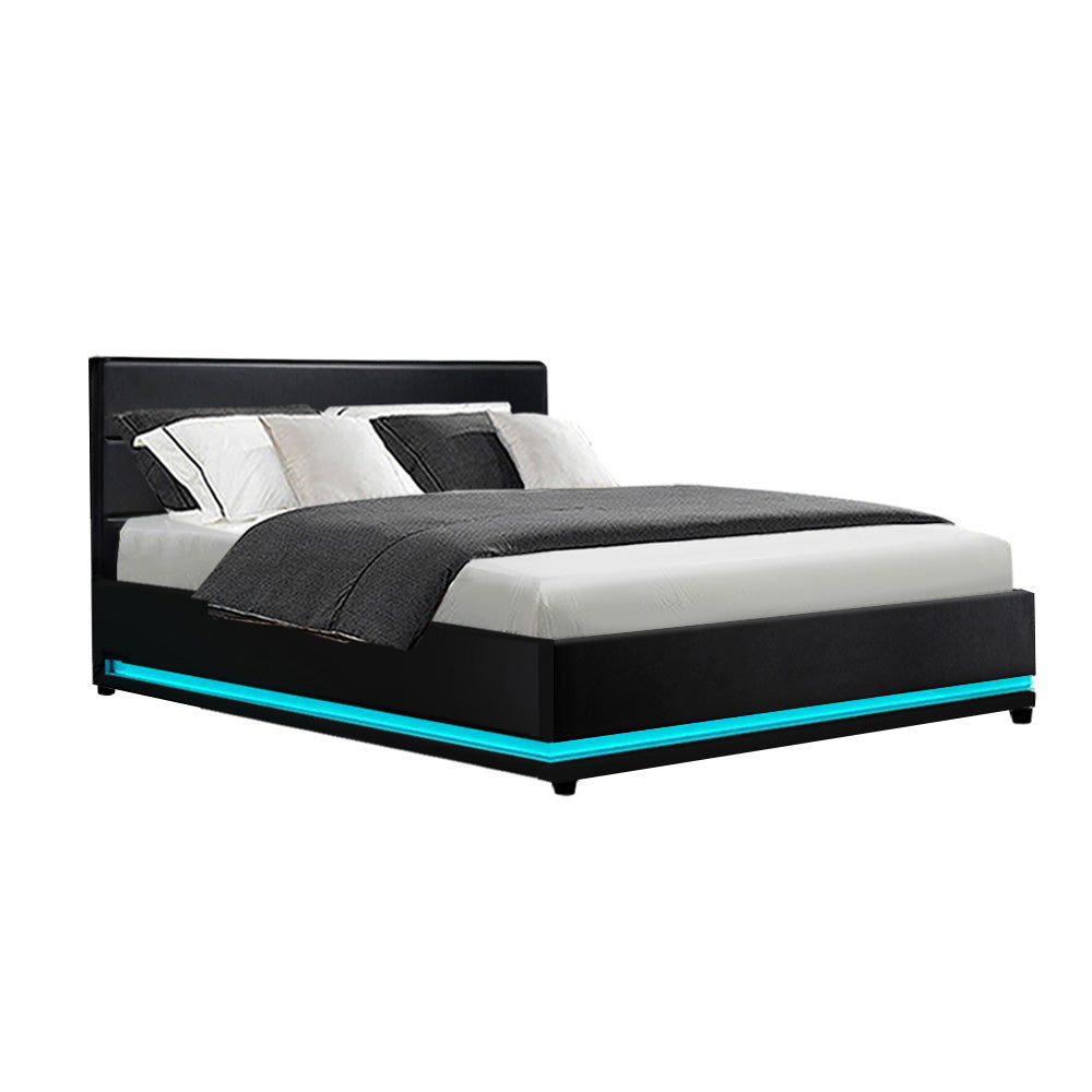 Henley Double Gas Lift Storage Bed Frame with LED Lights - Queen Size, Black - Modern Platform Bed with Underbed Storage for Small Spaces, Bedroom Furniture Upgrade