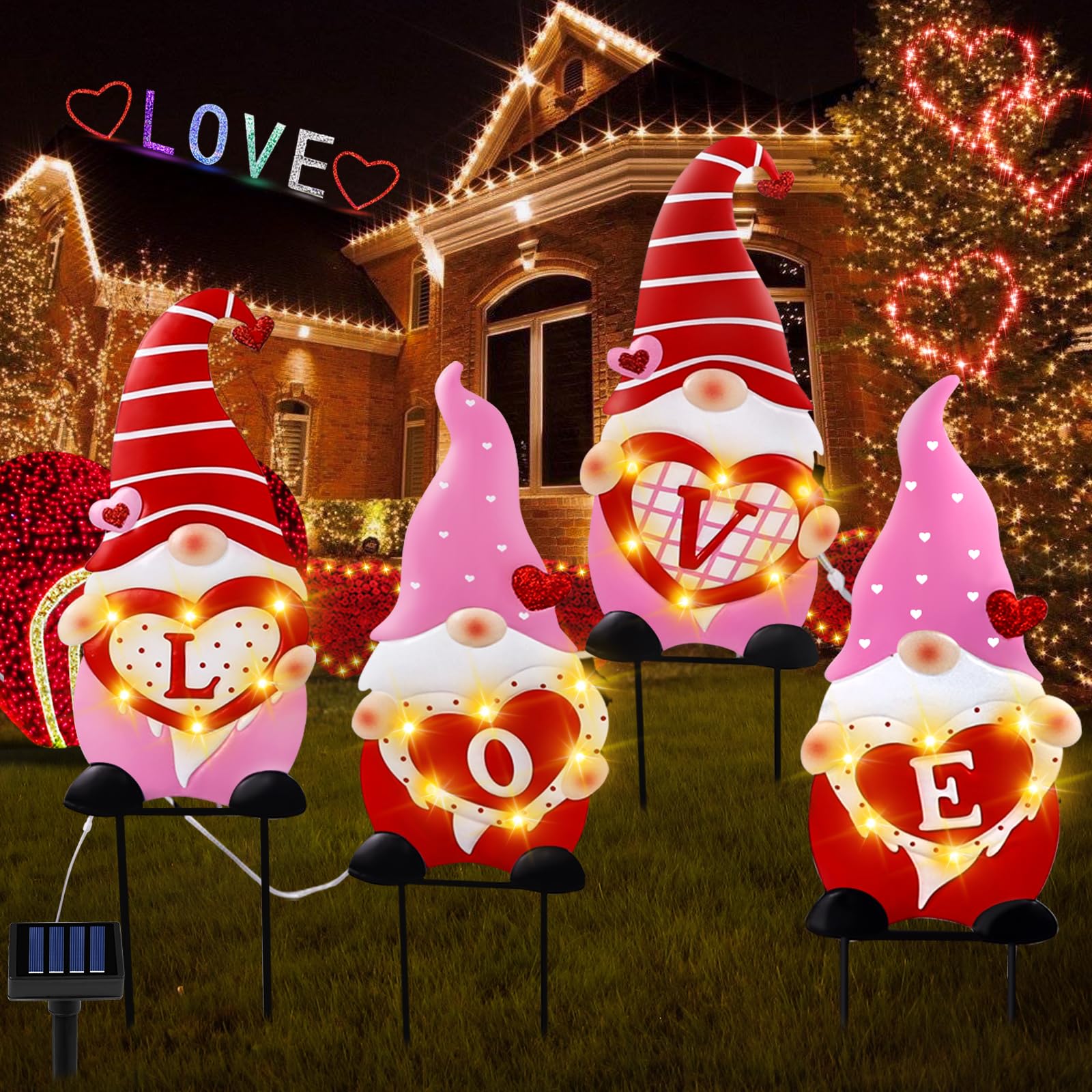 4 Pack Solar Lighted 25 Inch Metal Gnome Garden Stakes - Decorative Yard Sign for Lawn, Patio, Wedding & Party Decor - Weatherproof Outdoor Spring & Summer Decorations (Perfect for Gardens, Pathways & Outdoor Events)
