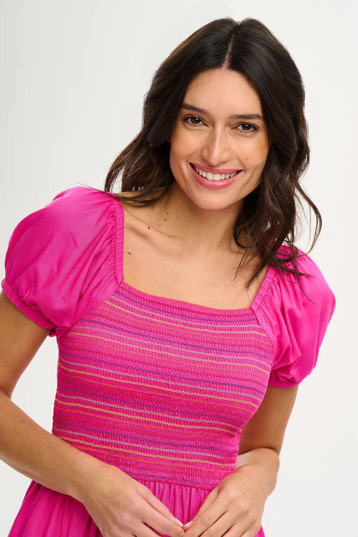 Octavia Midi Shirred Dress - Dark Pink Rainbow Shirring | Flowy Summer Dress for Women | Perfect for Beach Vacations, Date Nights & Brunch Outings