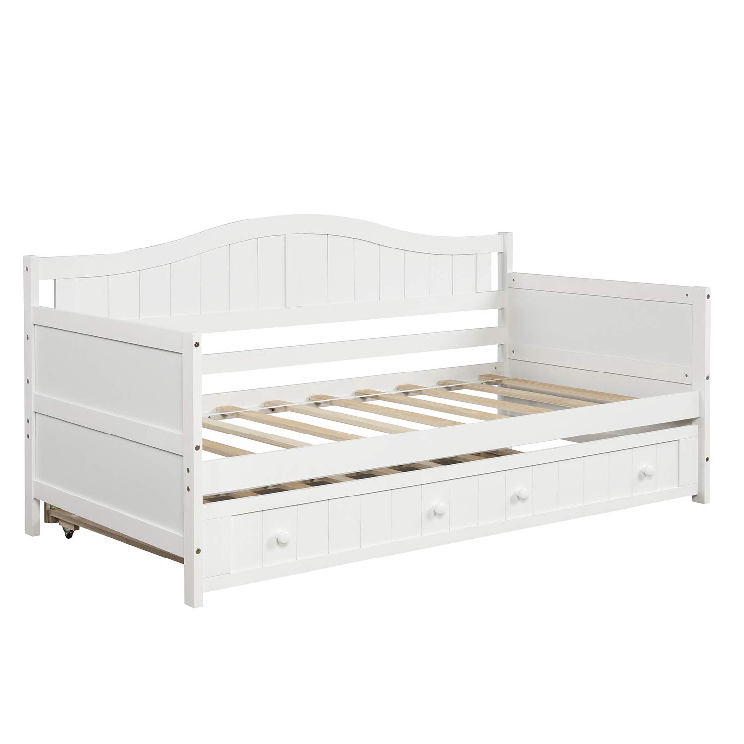 Rhomtree Twin Size Daybed with Trundle - Solid Wood Bed Frame with Backrest for Adults, Teens & Kids - Guest Bedroom & Living Room Furniture - Convertible Sofa Bed (White) - Perfect for Small Spaces, Sleepovers & Multi-Functional Rooms