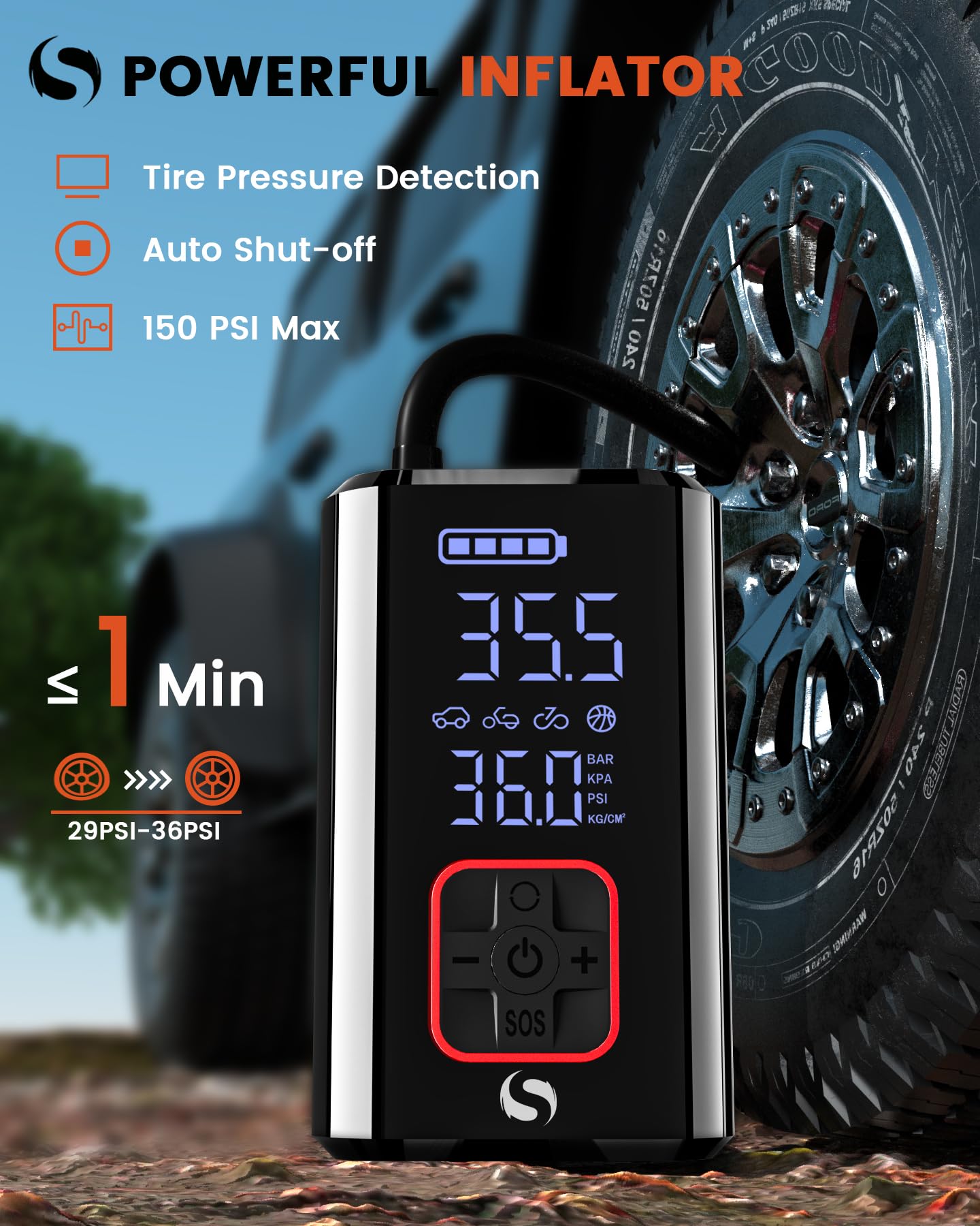 Portable Cordless Tire Inflator Air Compressor - 150PSI Smart Air Pump with Digital Pressure Gauge for Car, Bike, Motorcycle Tires (12V DC) | Emergency Roadside Use & Home Garage Inflation Tool