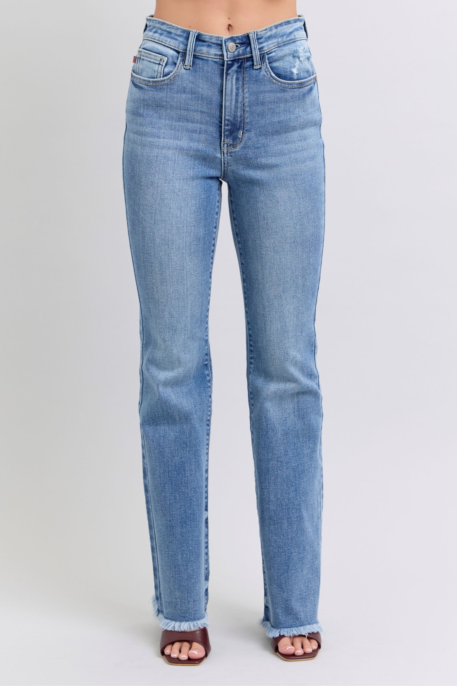 Judy Blue Women's High Rise Bootcut Jeans with Raw Hem - Stretch Denim Pants for Casual Wear & Everyday Comfort