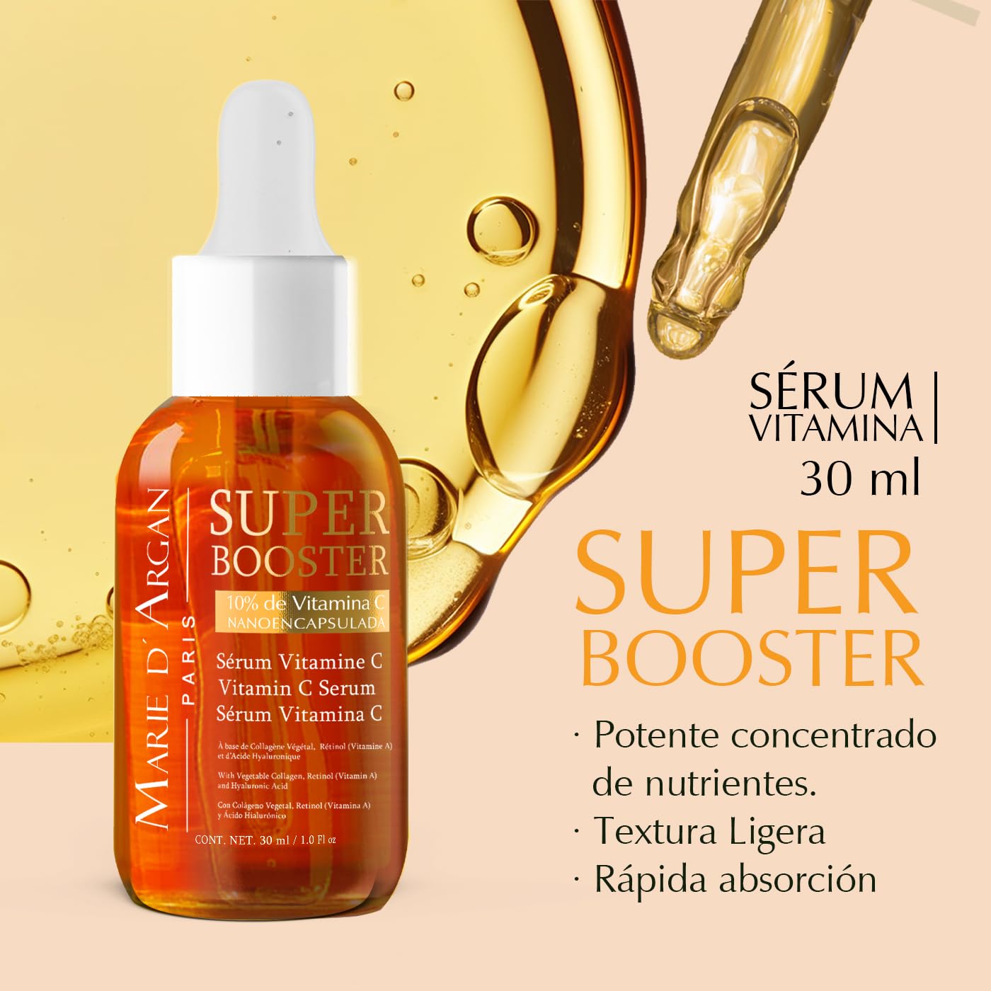 Marie d'Argan Vitamin C Super Booster Face Serum 30ml - Retinol, Hyaluronic Acid, Collagen for Brightening & Anti-Aging | 10% Pure Vitamin C | Dark Spot Corrector & Hydrating Serum for Glowing Skin | Day & Night Skincare Routine