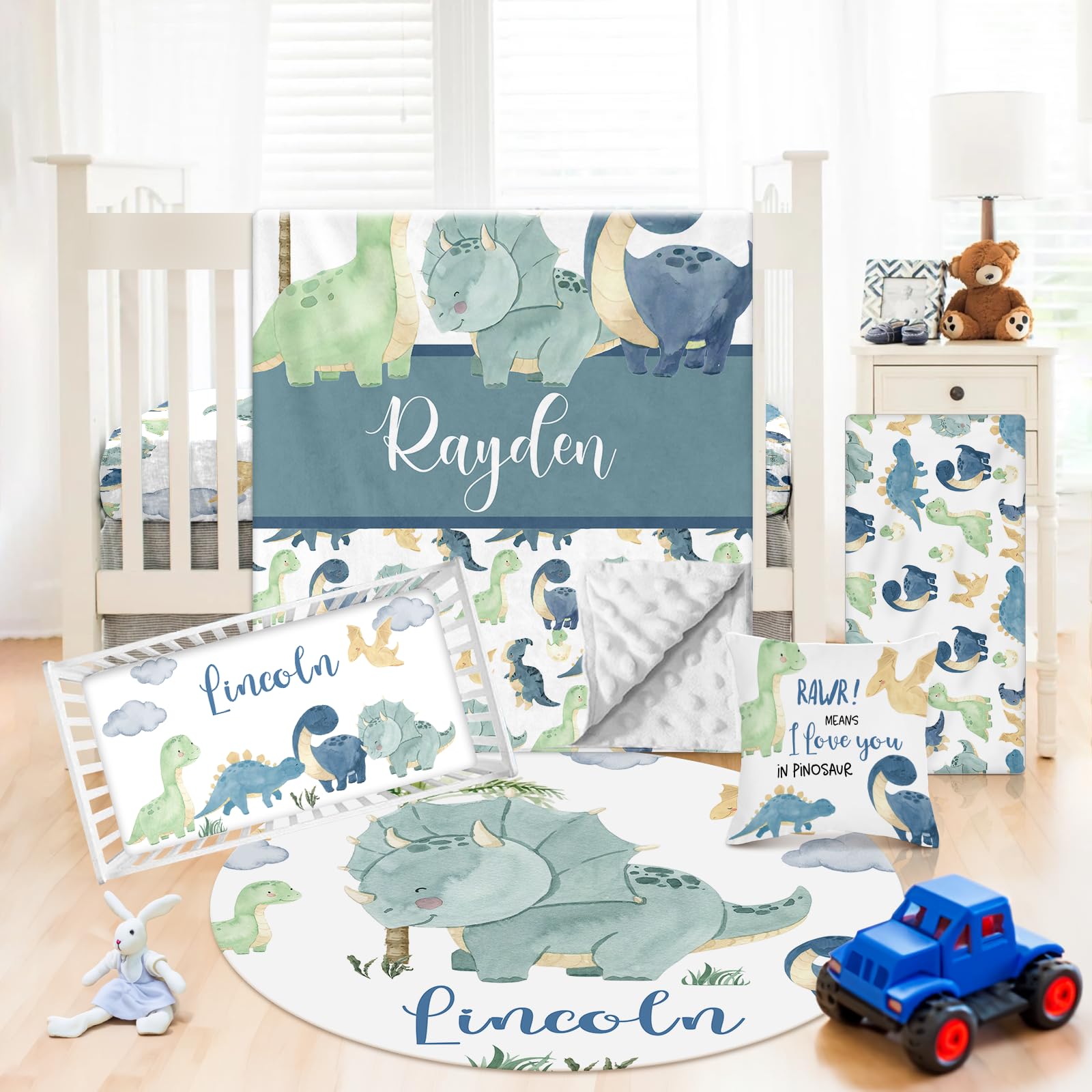 Dinosaur Themed 5-Piece Custom Nursery Crib Bedding Set for Boys - Personalized Name, Double Layer Blanket & Comfortable Crib Sheets (Fixed Size) - Perfect for Baby Showers, Nursery Decor & Toddler Bedding Essentials