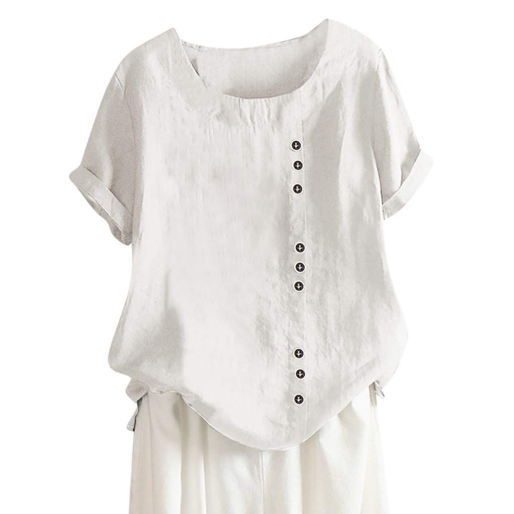 Plus Size Women's Cotton Linen Short Sleeve T-Shirt - Novelty Print Button Down Casual Loose Pullover Tunic Top (White, XXXL) | Summer Comfort Wear for Work, Vacation & Everyday Outfits