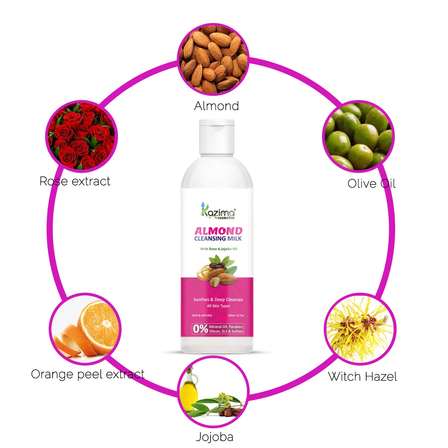 KAZIMA Almond Cleansing Milk with Rose & Jojoba Oil - Deep Cleansing & Pore Detoxifying Face Wash | 200ml | Gentle Makeup Remover for Dry & Sensitive Skin | Perfect for Daily Skincare Routine & Nighttime Cleansing