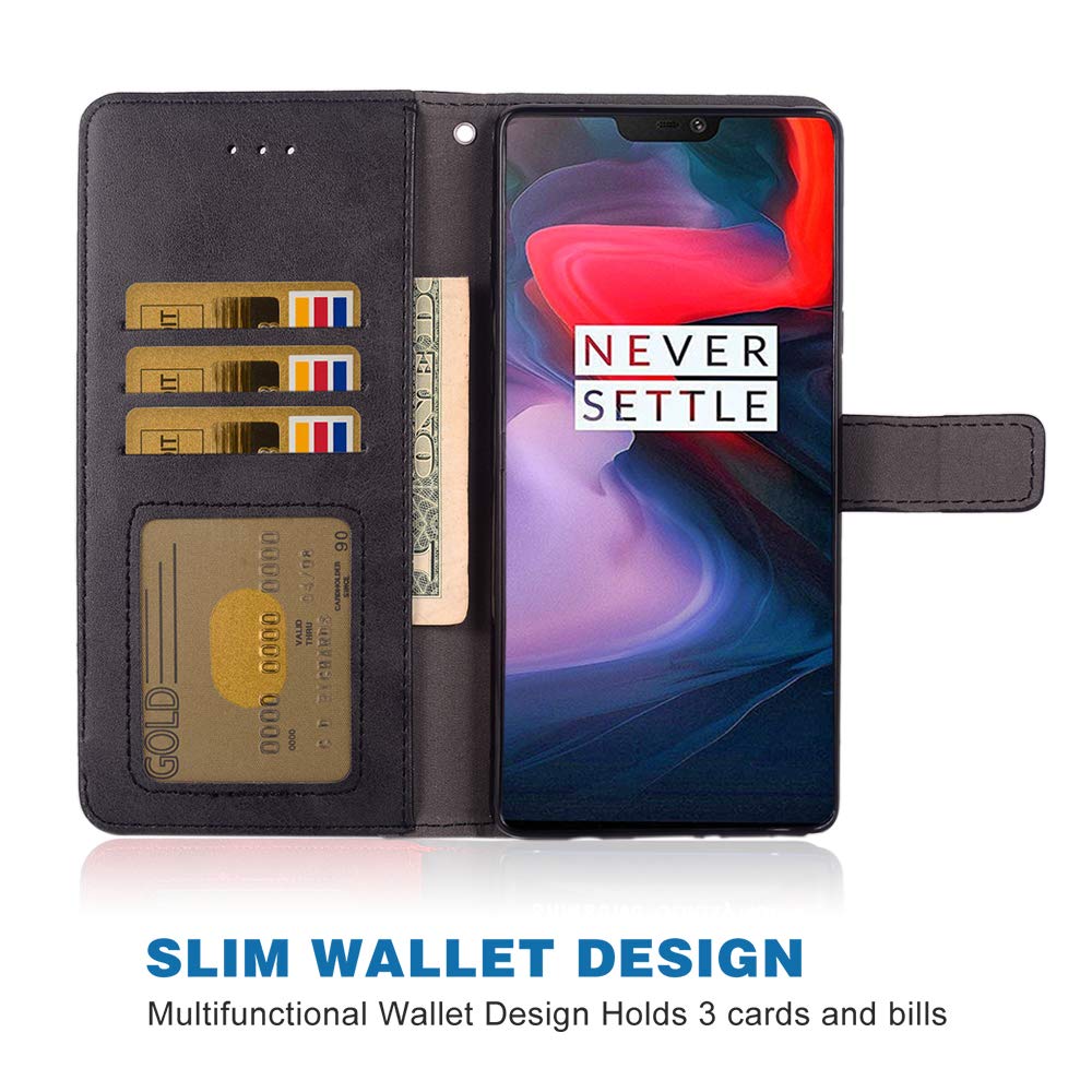 Premium Leather Wallet Case for OnePlus 6 - Flip Cover with Card Holder & Stand | Compatible with OnePlus 6 A6000 | Stylish Folio Phone Case for Men & Women (Black) | Perfect for Business, Travel & Everyday Use