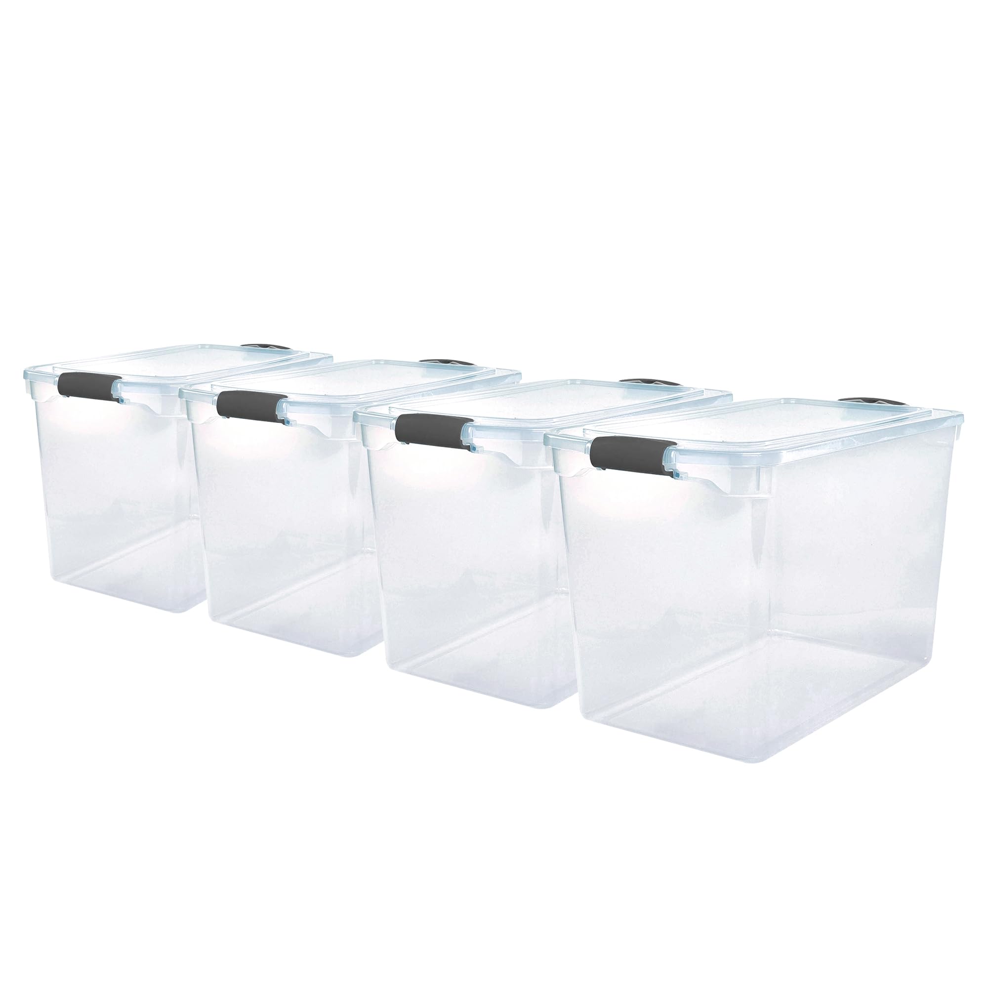 HOMZ 4-Pack Clear Plastic Storage Bins with Secure Latches - 112 Quart Organizer Containers with Gray Latches - Perfect for Pantry, Closet, Garage & Toy Organization