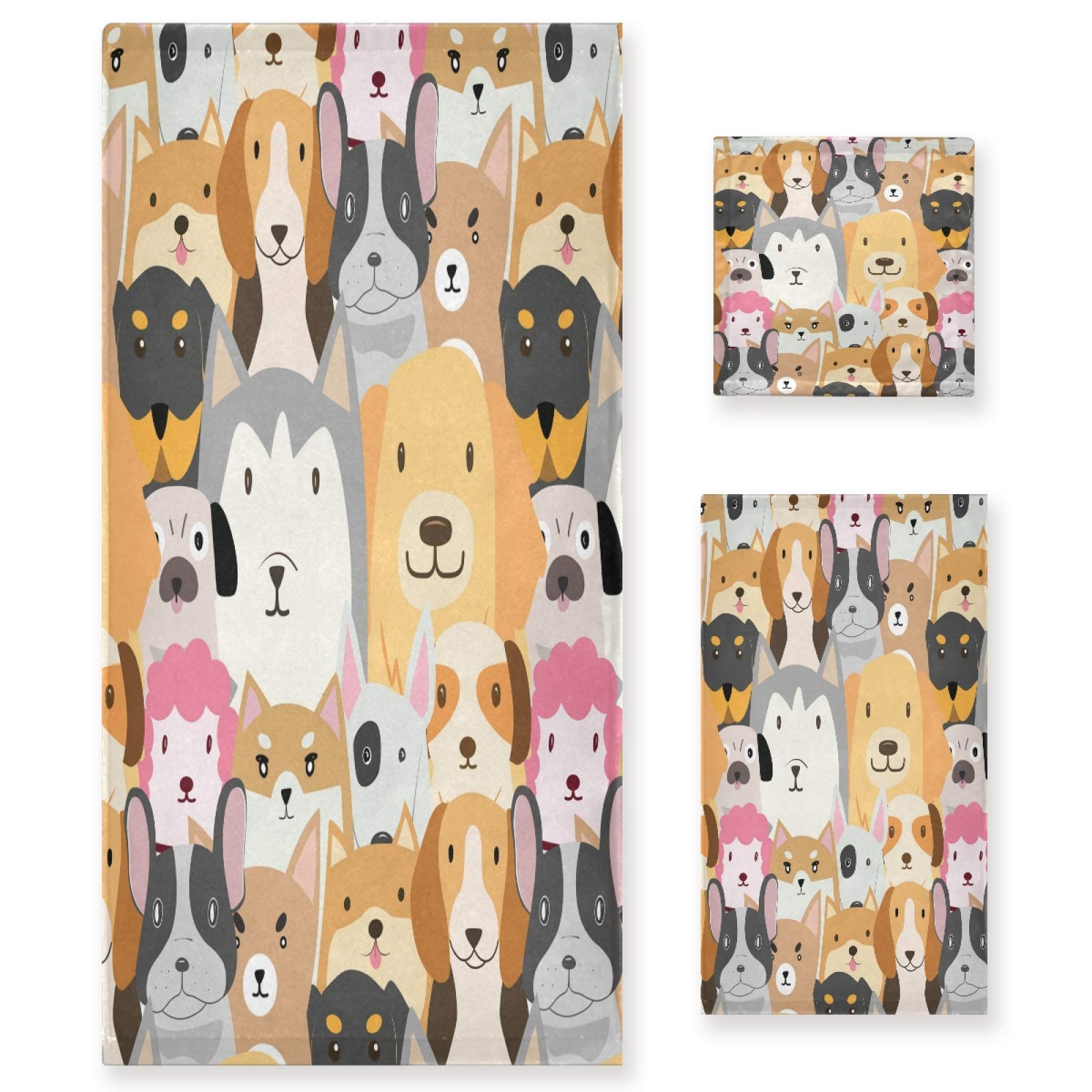 Blueangle Funny Cartoon Dog 3-Piece Bath Towel Set - Super Soft & Absorbent Cotton Bath, Hand & Washcloths - Fade Resistant for Kids & Pets - Perfect for Bath Time, Beach & Spa Days