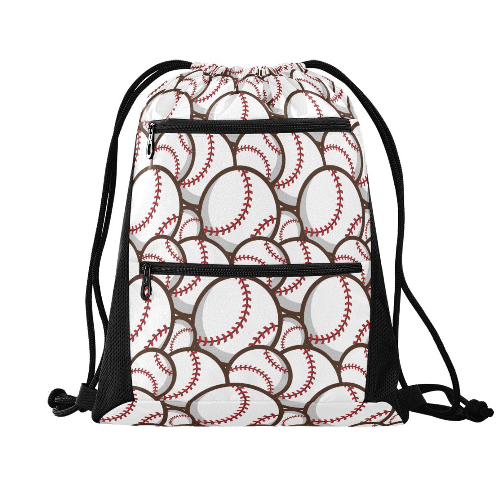**NFMILI Large Baseball Drawstring Backpack - 13.8 x 18.5 Inch Water-Resistant Gym Sack with Zip Pocket for Men & Women - Perfect for Sports, Travel & Outdoor Activities (White)**