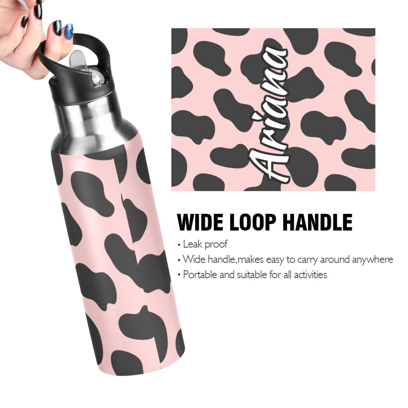 Custom Personalized 20oz Insulated Stainless Steel Water Bottle with Straw Lid - Pink & Black Double Wall Vacuum Flask for Hiking, Sports, Gym & Outdoor Activities | Leakproof & Sweatproof Design