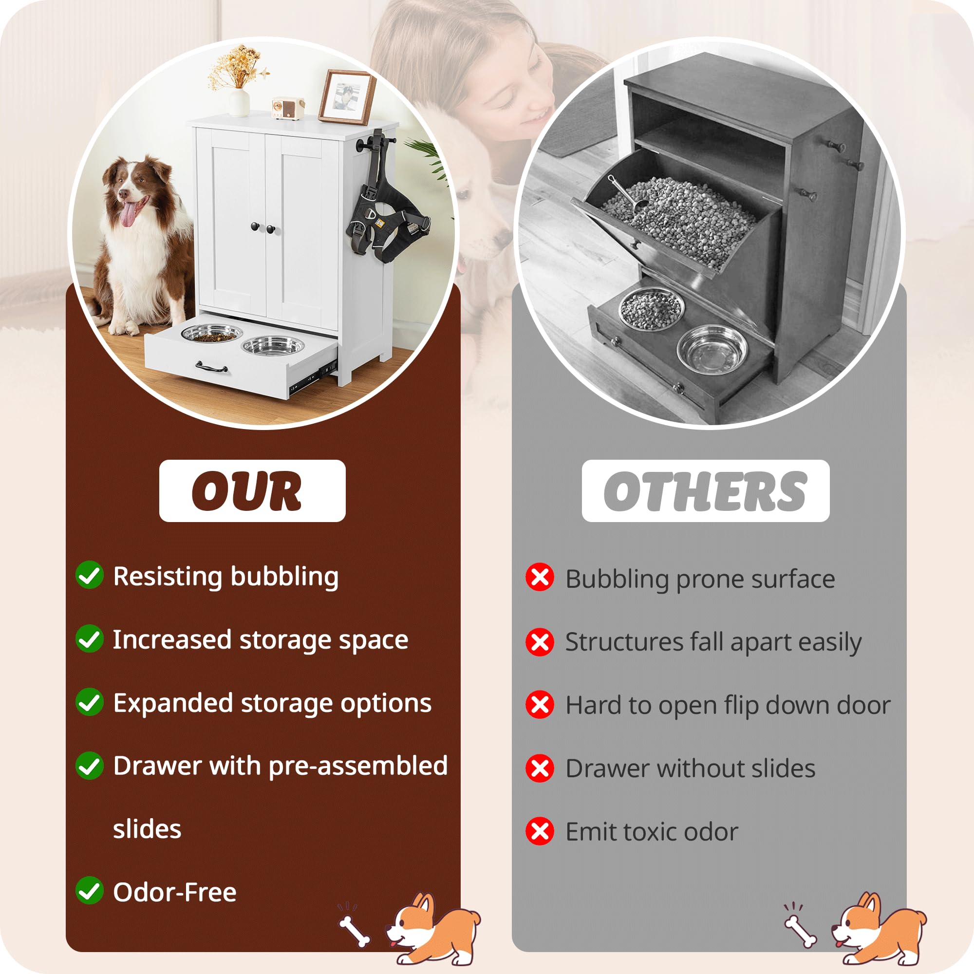 ALINE FURNITURE Elevated Dog Feeding Station with Storage Cabinet - Includes 2 Raised Dog Bowls, Hidden Pet Food Organizer for Dogs & Cats - White Wooden Pet Feeder for Kitchen or Living Room