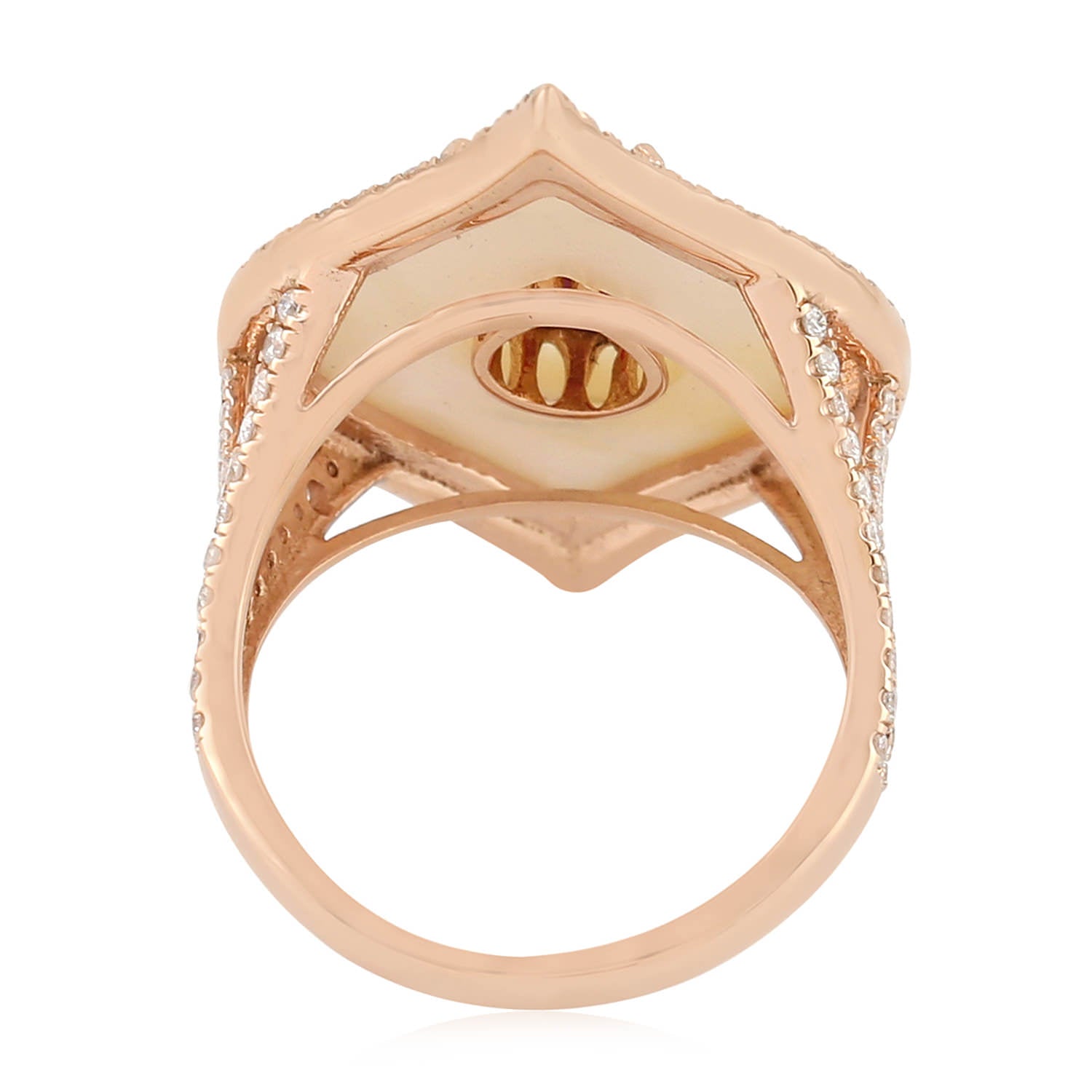 18K Rose Gold Marquise Cut Mother of Pearl & Pear Cut Ruby Pave Diamond Ring - Elegant Statement Jewelry for Weddings, Anniversaries, and Special Occasions