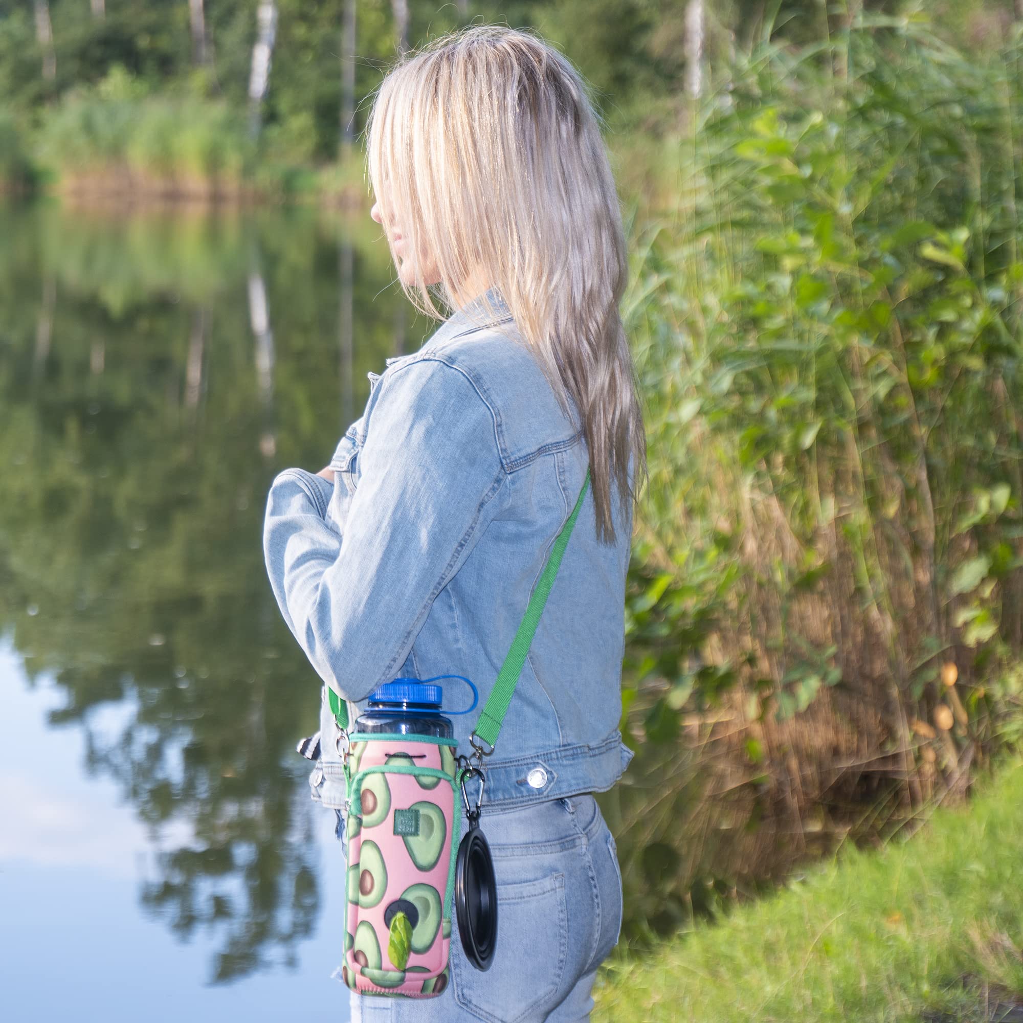 **EasyGrip Water Bottle Carrier for Dogs - Adjustable Padded Shoulder Strap, Built-in Pocket for Waste Bags & Detachable Bowl (40oz, Tall & Large) - Perfect for Hiking, Walking, and Outdoor Adventures (Green/Pink, Avocado Design)**