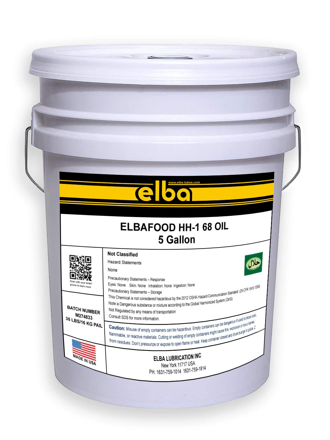 Premium Food Grade Hydraulic Oil 68 | NSF H1 Certified Fully Synthetic Blend | Kosher & Halal Approved Industrial Hydraulic Fluid | 5 Gallon Pail | USA Made | Ideal for Food Processing Equipment, Packaging Machinery & Industrial Hydraulic Systems | Comparable to LUBRIPLATE, Petro-Canada & Kluber