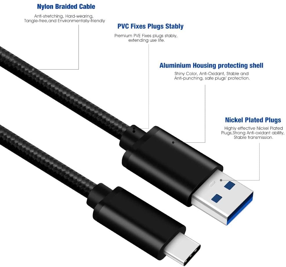 Premium 3-Pack USB to USB-C Fast Charging Cable - Heavy Duty Braided Cord for Samsung Galaxy S25/S24/Plus/Ultra/FE, A35/A16/A15/A14 5G, Moto G Power/Play/Stylus, TCL 50/40/XE/LE - Perfect for Home, Office & Travel Charging (Black)