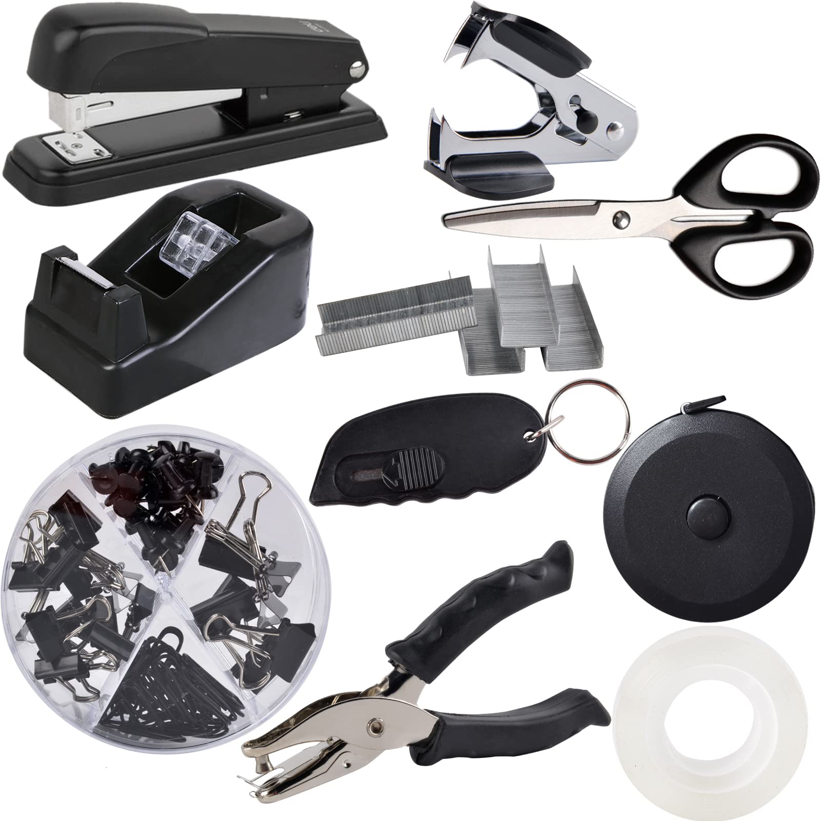 ChezMax Black Office Desk Organizer Set - 15-Piece Stapler, Staple Remover, Tape Dispenser, Scissors, Push Pins, Paper Clips & More - Perfect for Home Office, School & Workplace Organization