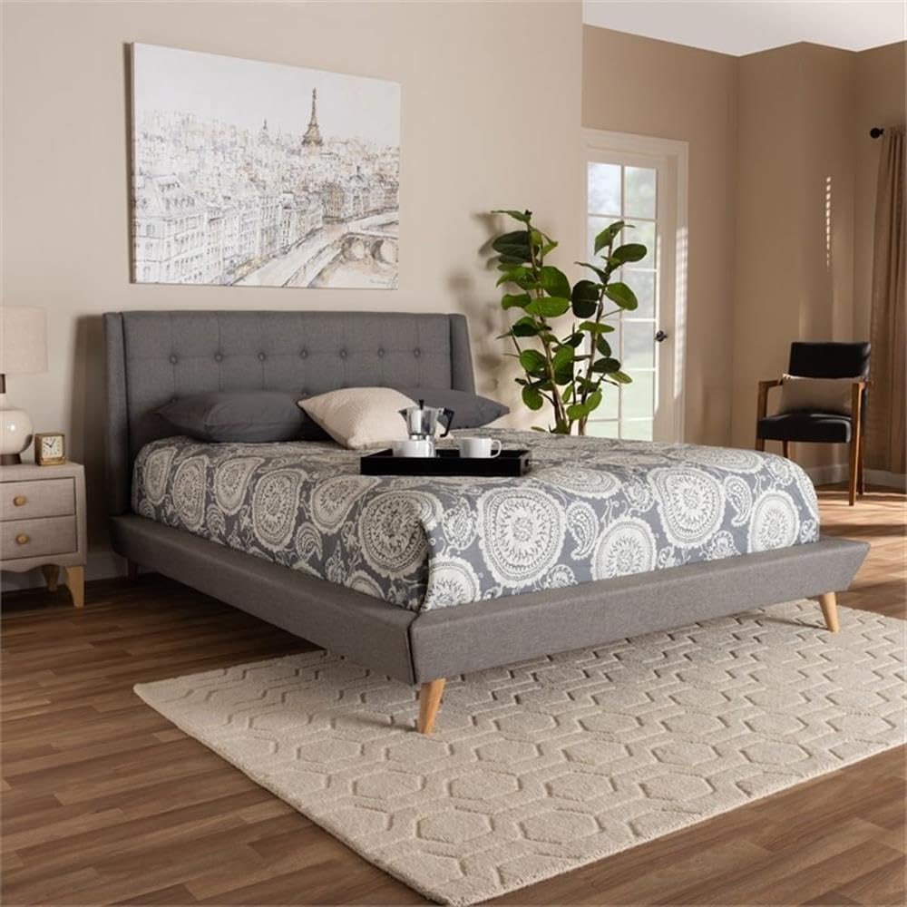 BOWERY HILL King Size Grey Upholstered Wingback Platform Bed Frame with Solid Wood Slats - Elegant Modern Bedroom Furniture for Master Suite or Guest Room