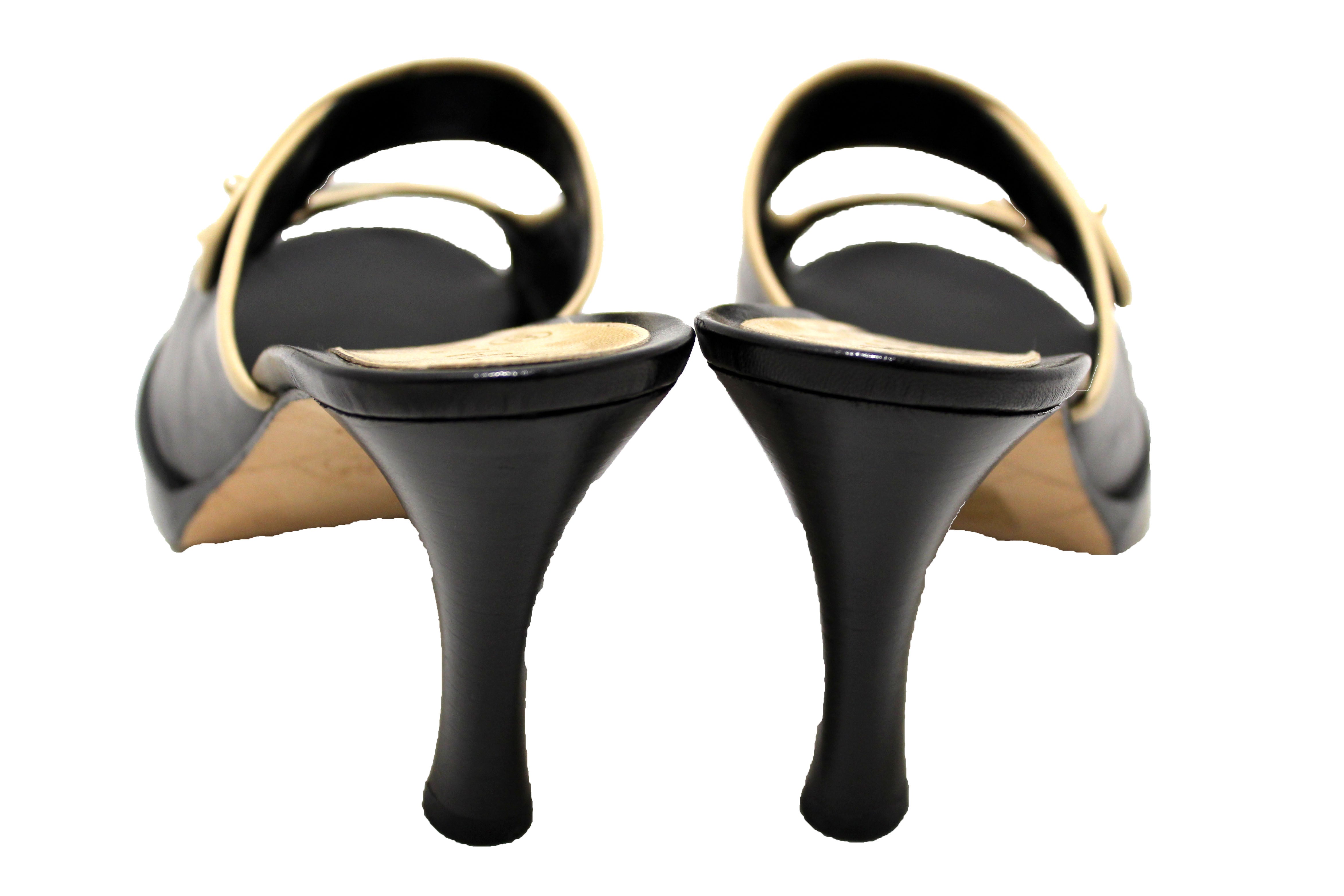 Authentic Chanel Black Leather CC Logo Turnlock Mule Sandals with Strap - Size 40 | Luxury Heeled Slides for Women, Perfect for Parties & Evening Events