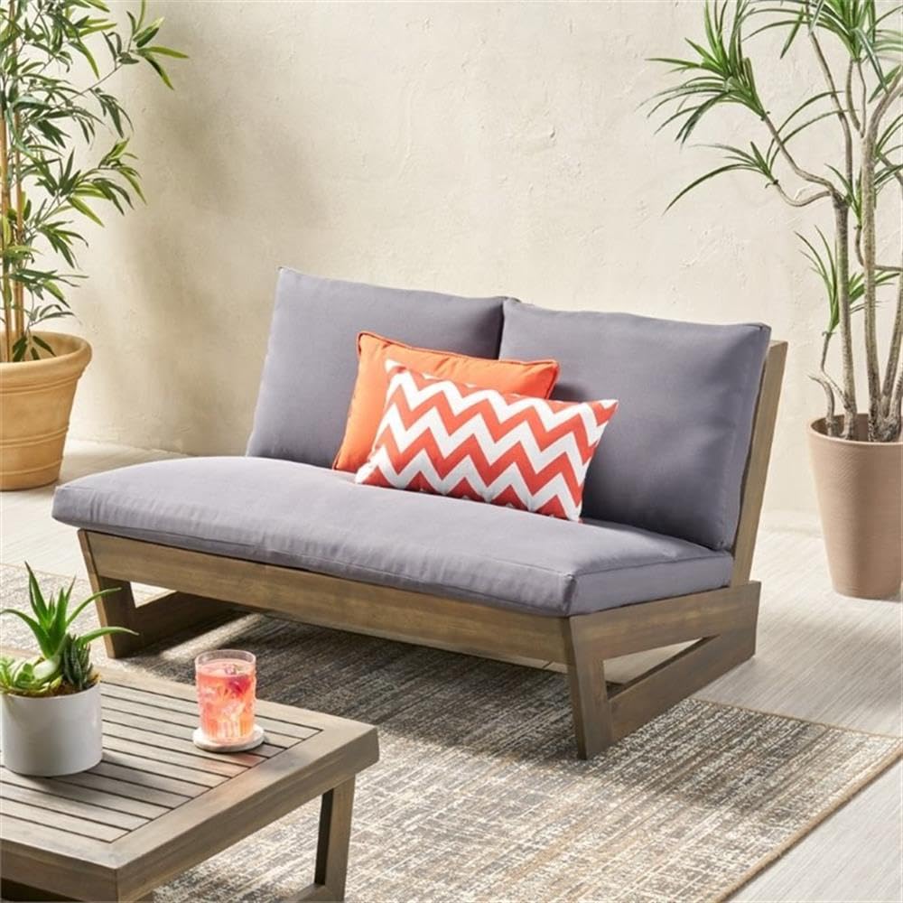 Waterproof Outdoor Patio Wood Loveseat with Gray Cushion - Perfect for Garden, Backyard, Poolside & Balcony Relaxation