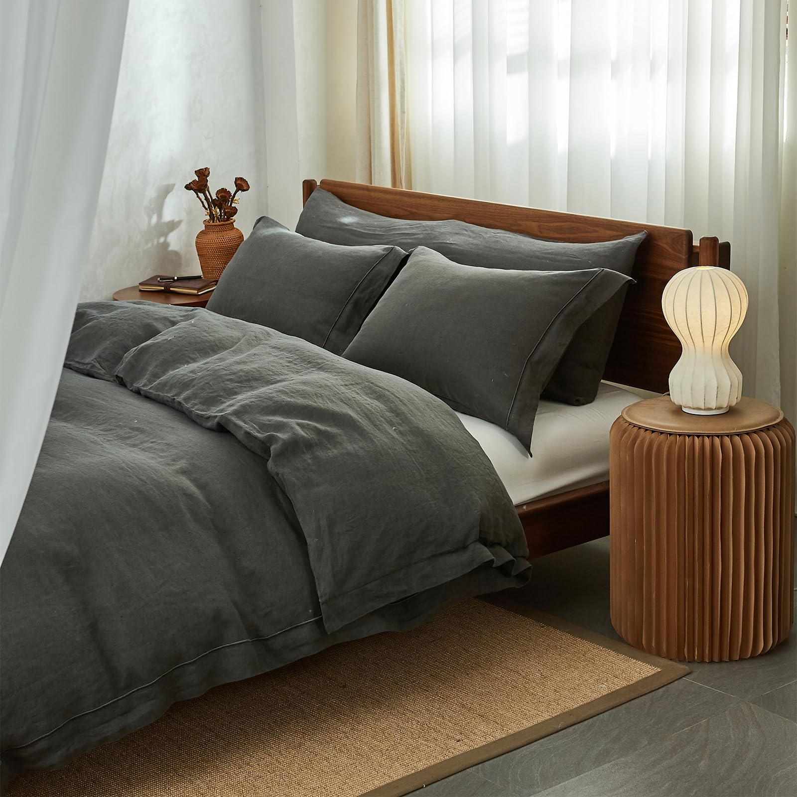 Simple & Opulence 100% Washed Linen Duvet Cover Set - Queen Size 88x92 Inches, 3-Piece Farmhouse Bedding with Embroidered Design & Button Closure (1 Duvet Cover + 2 Pillow Shams) in Charcoal Grey - Perfect for Cozy Bedrooms & Guest Room Decor