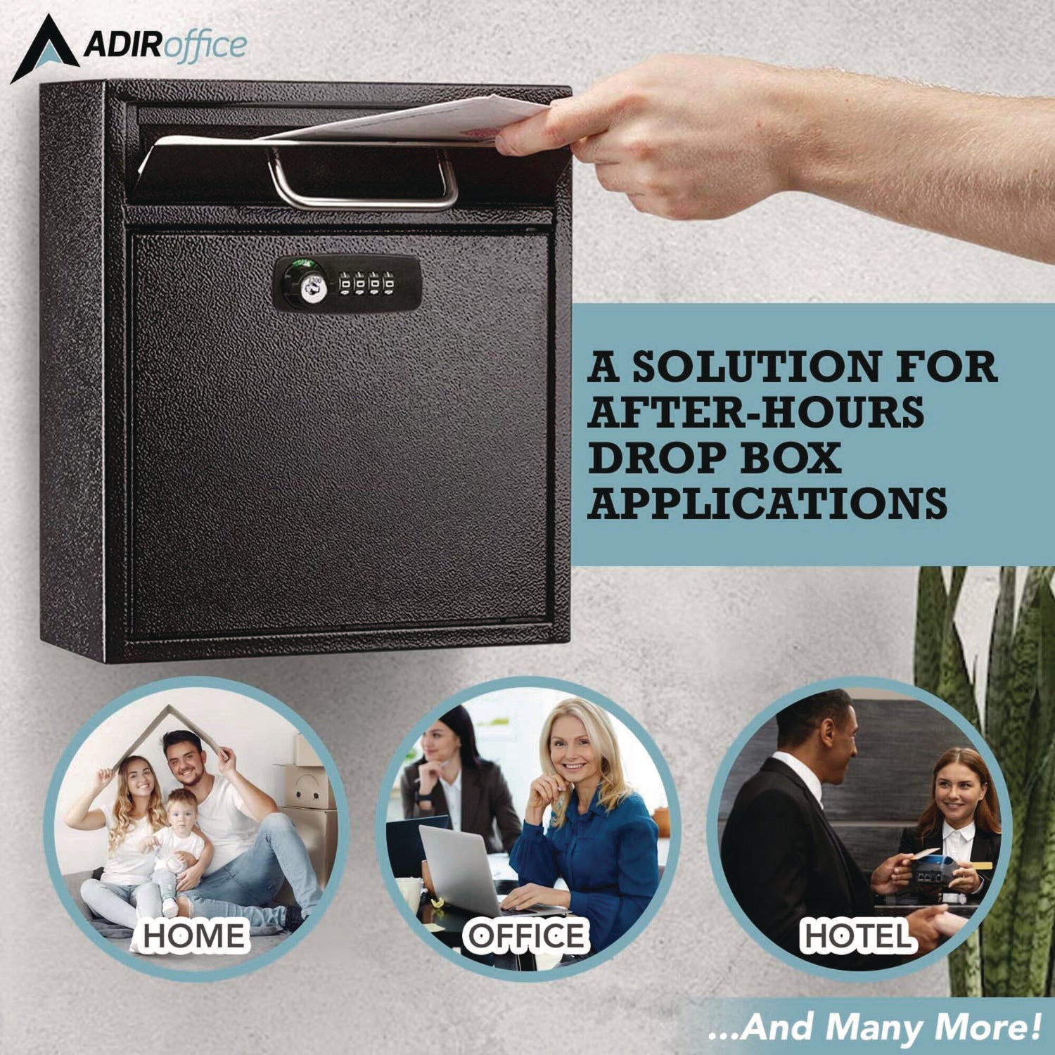 AdirOffice Medium Secure Drop Box - Wall Mounted Locking Mailbox with Key & Combination Lock (10.51 x 4.72 x 12 Inches, Black) - Perfect for Home, Office & Apartment Mail Security