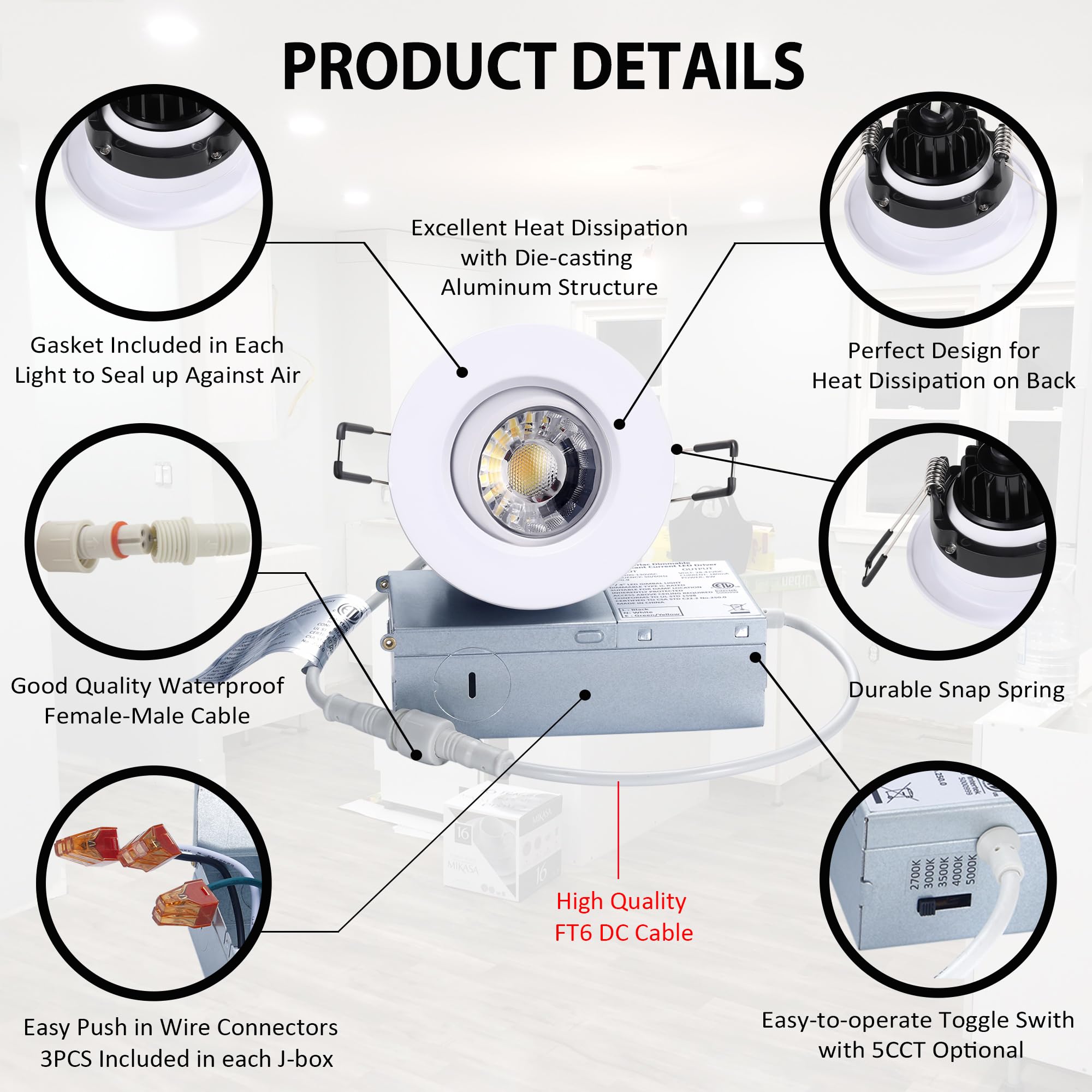 5 CCT 3 Inch Rotatable Recessed Gimbal Downlight - Dimmable LED Eyeball Ceiling Spotlight with Junction Box, 8W Adjustable Color Temperature, White Round Trim (6 Pack) - Perfect for Kitchens, Living Rooms & Bedrooms