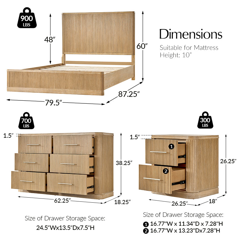 Modern Fluted Solid Wood Bedroom Set with Oak Texture - 4 Piece Bed Frame, Nightstand, Dresser & Mirror for Cozy Master Bedroom Decor