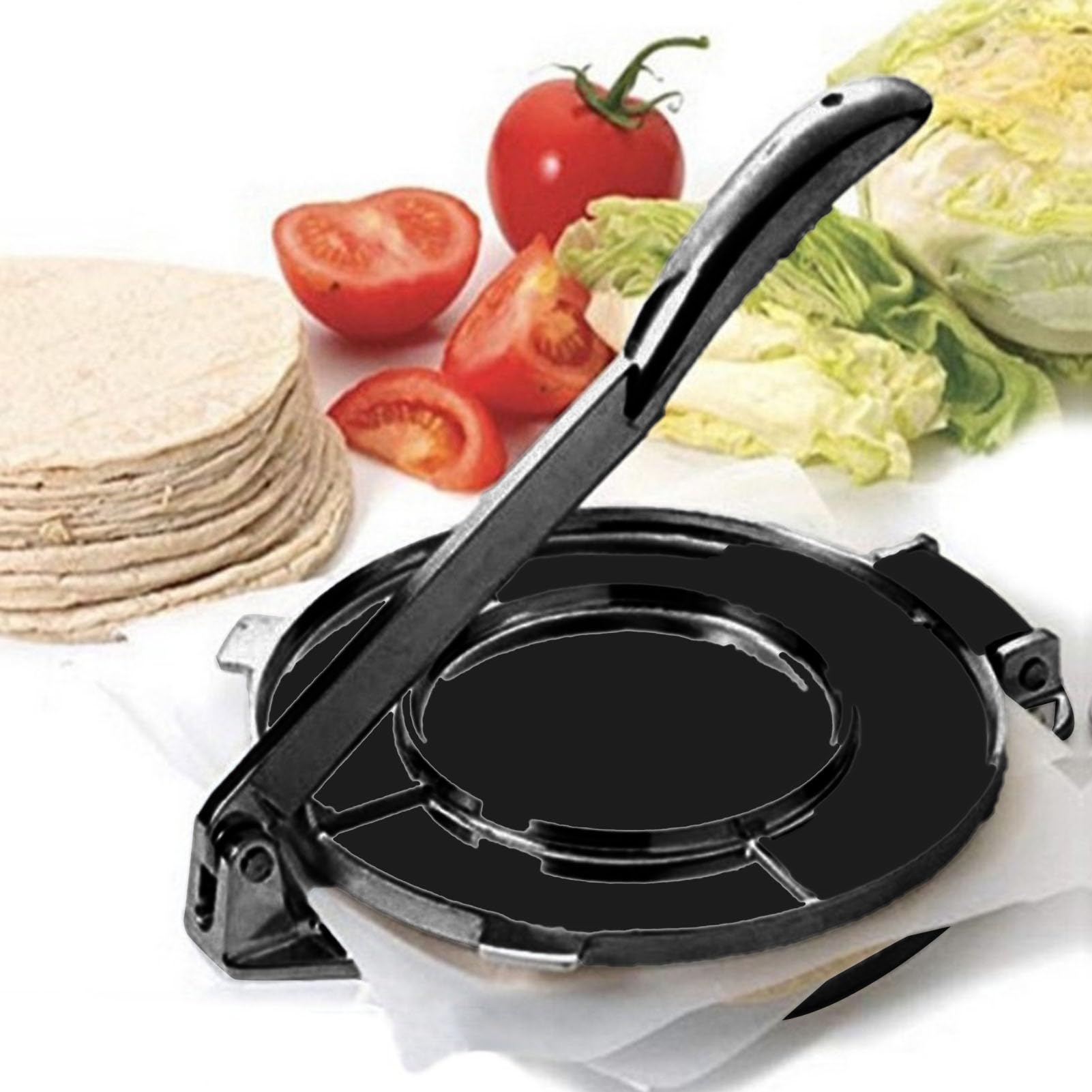 **16cm Black Tortilla Press - Efficient Kitchen Tortilla Maker for Homemade Wraps, Tacos & Quesadillas**