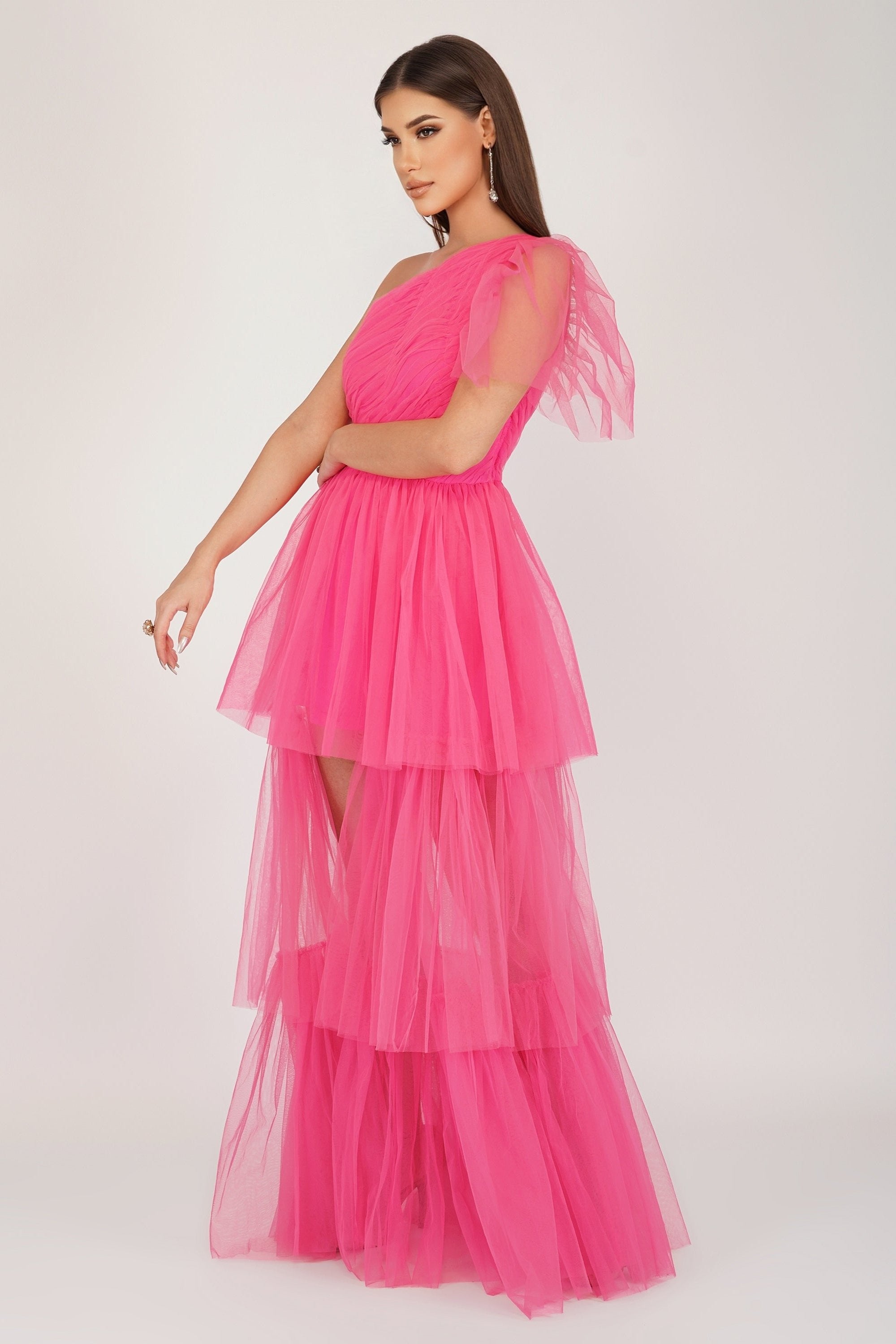 Rowena Bright Pink One Shoulder Tulle Gown - Elegant Prom Dress for Women, Formal Evening Gown for Special Occasions, Wedding Guest Dress, Quinceañera Ball Gown