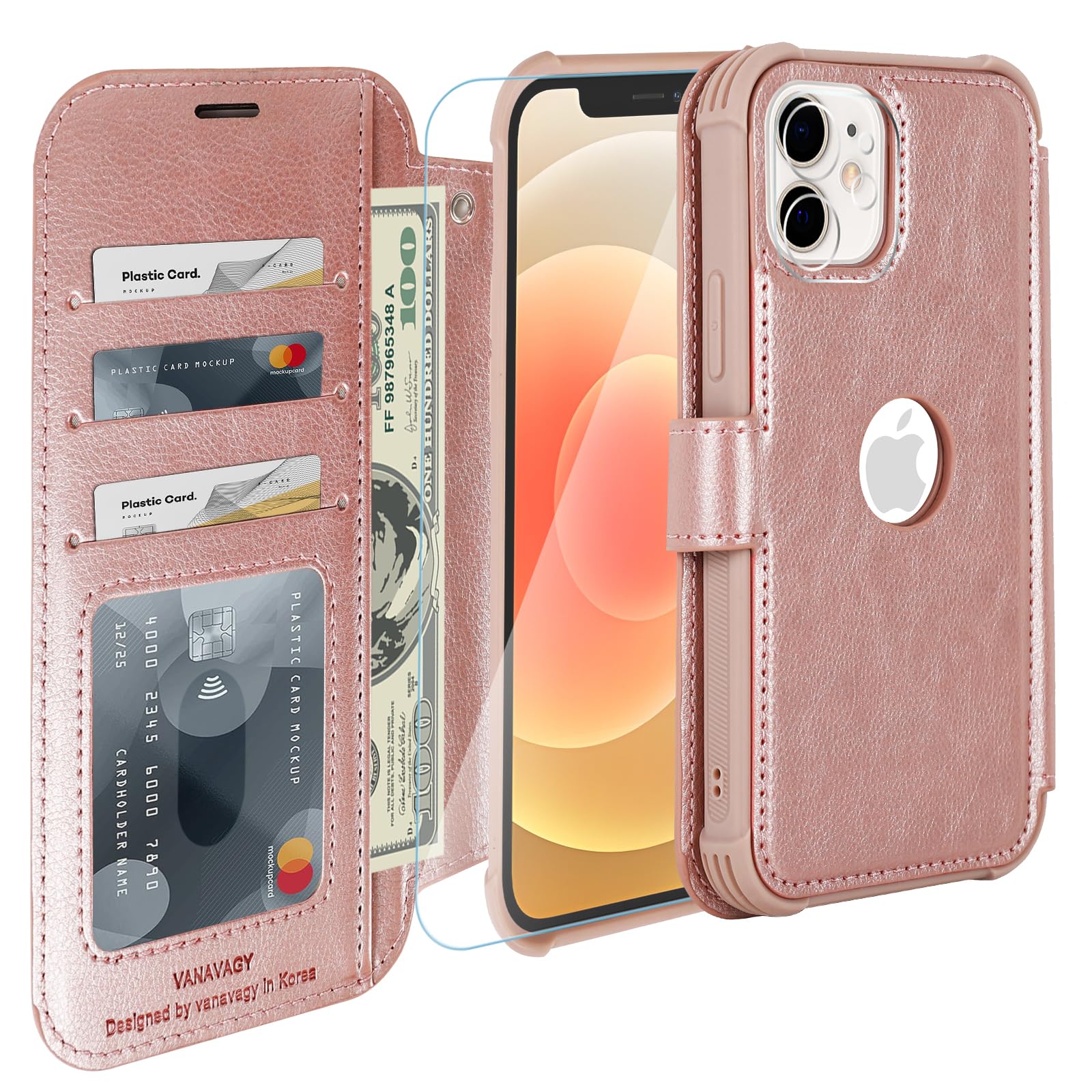 VANAVAGY RFID Leather Wallet Case for iPhone 12/12 Pro - Wireless Charging Compatible Flip Cover with Card Holder, Wrist Strap & Tempered Glass Screen Protector (Rose Gold) | Perfect for Daily Use, Travel & Business Professionals