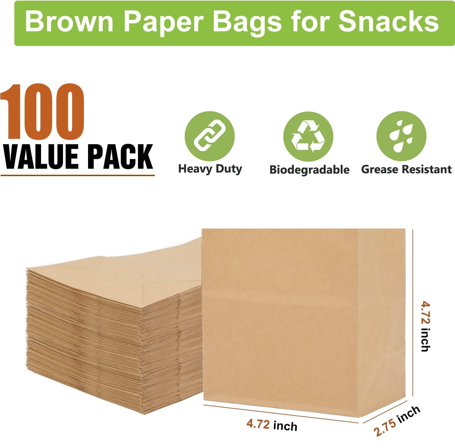 100 Pack Small Brown Kraft Paper Bags - Greaseproof, Recyclable & Biodegradable Snack Bags for Popcorn, Cookies, Fries | Perfect for Parties, Picnics, School Lunches & Eco-Friendly Gift Wrapping