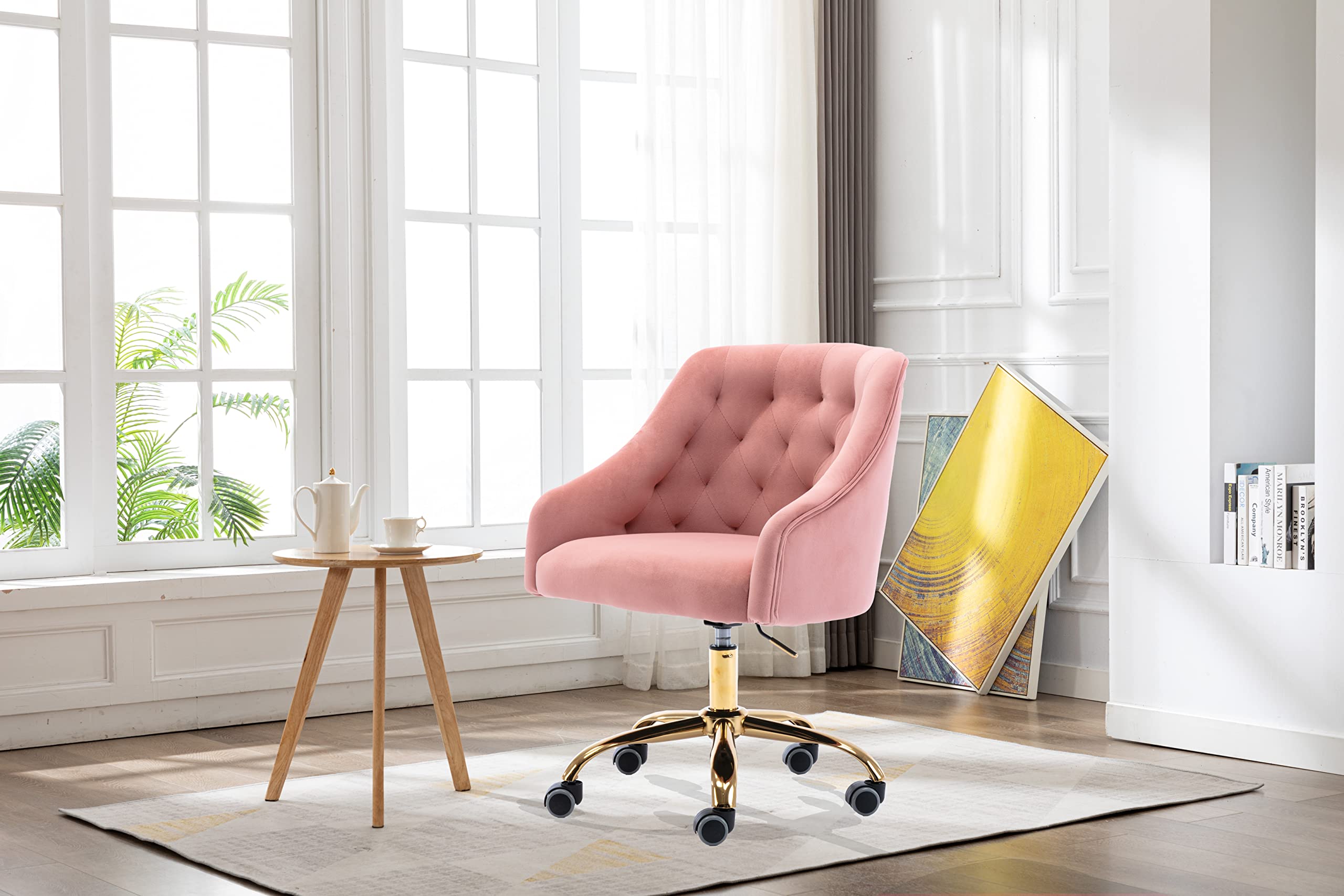 Ergonomic Velvet Swivel Office Chair with Wheels & Height Adjustment - Modern Home Desk Chair for Work, Study, Makeup Vanity - Perfect for Living Room, Bedroom & Home Office (Pink)