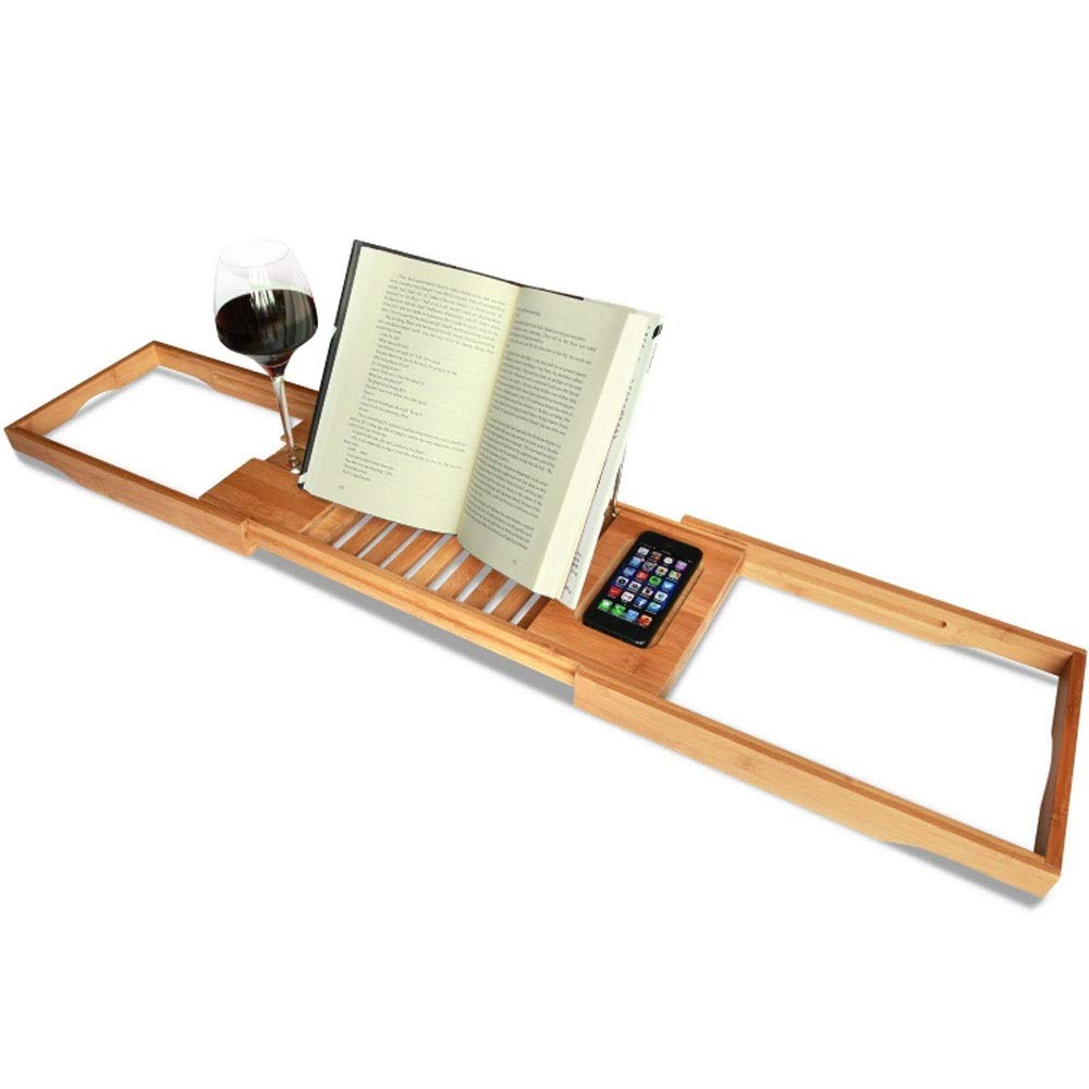 Luxury Bamboo Bathtub Caddy Tray with Extendable Sides - Built-in Book/Tablet Holder, Wine Glass & Phone Stand - Spa Bath Accessories Organizer for Relaxing Bath Time & Reading