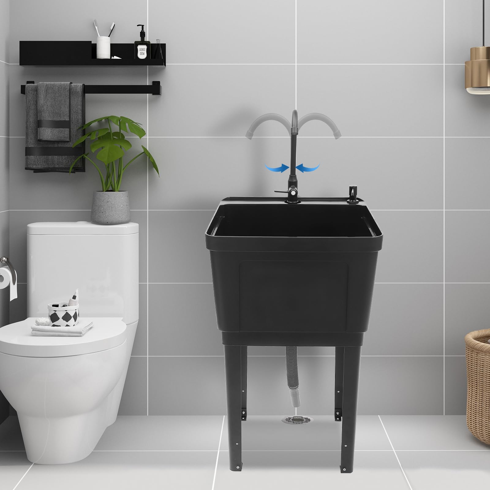 Freestanding Laundry Utility Sink with Faucet & Drain Kit - Heavy Duty Washing Tub for Basement, Garage, Garden & Laundry Room - Durable Black Standalone Sink for Home Cleaning & Outdoor Use