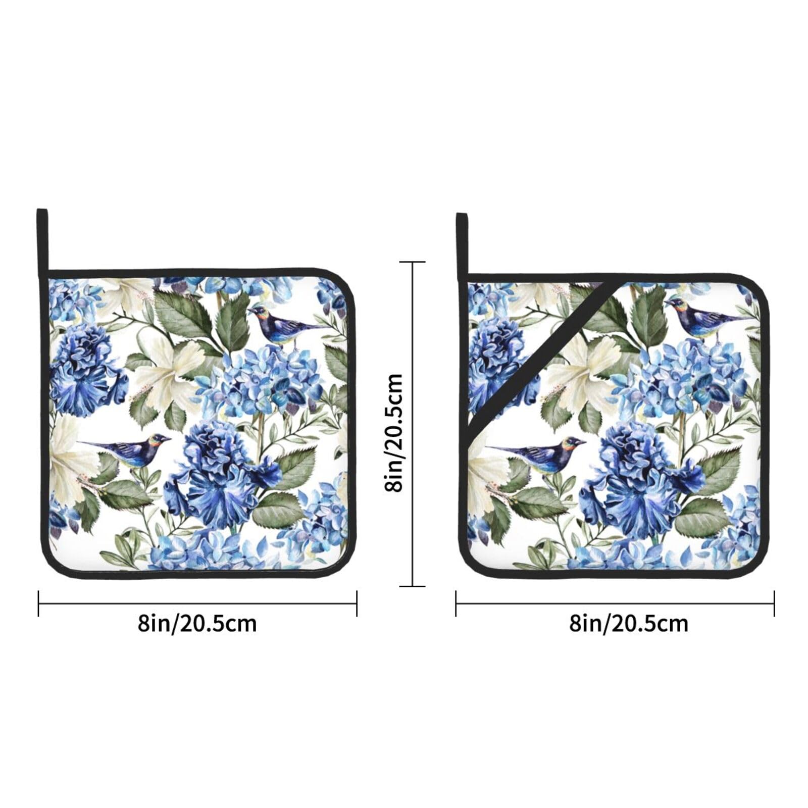 Blue Hydrangea Flowers Bird Pot Holders Set of 2, Heat Resistant Square Oven Mitts for Kitchen, Cooking, Baking, BBQ, and Everyday Use