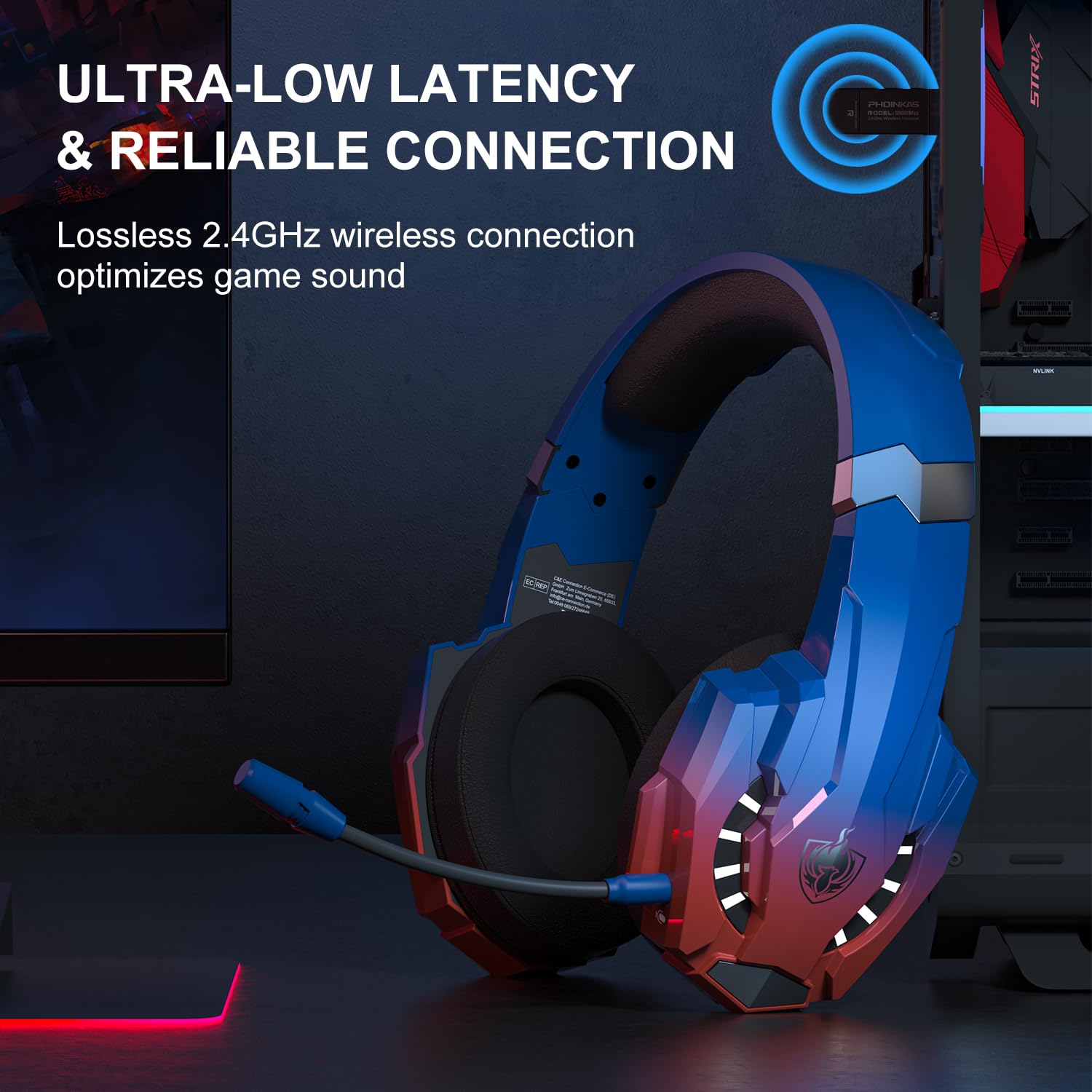 PHOINIKAS 2.4GHz Wireless Gaming Headset for PS5, PS4, PC, Nintendo Switch - Over Ear Headphones with Noise Cancelling Mic, 7.1 Surround Sound, 40+ Hour Battery Life (Dazzle Blue) - Perfect for Competitive Gaming, Streaming & Late-Night Sessions