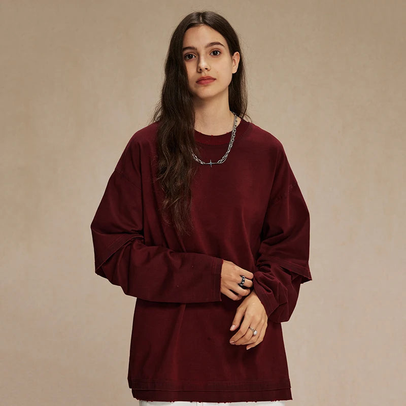 American Style Men's Long Sleeve T-Shirt - Round Neck Washable Faux Two-Piece Design Solid Color Loose Fit Casual Tee for Everyday Wear, Street Style & Layering