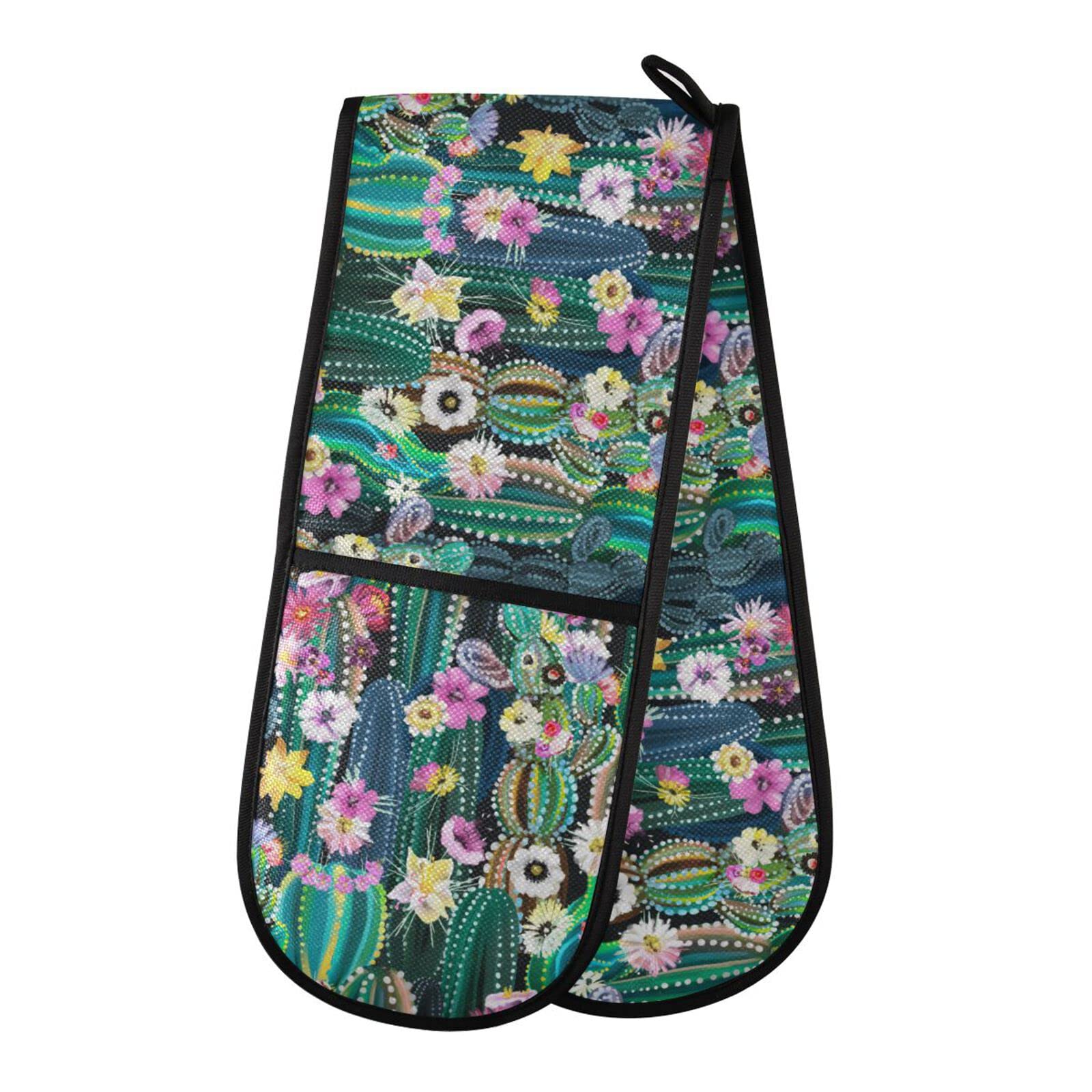 Heat Resistant Double Oven Mitts - Tropical Cactus Flower Pattern Quilted Cotton Cooking Gloves for Baking, Grilling & Handling Hot Pans (35x7in) - Perfect for Kitchen, BBQ & Outdoor Cooking - Easy to Clean & Durable