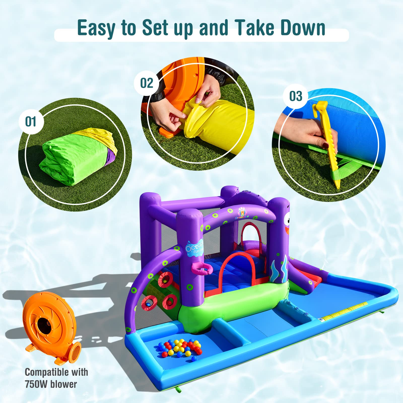 BOUNTECH Inflatable Water Slide with 3 Ball Pits & Splash Pool - 750W Blower Included - Outdoor Octopus Bounce House for Kids & Adults - Perfect for Backyard Parties, Summer Fun & Birthday Gifts